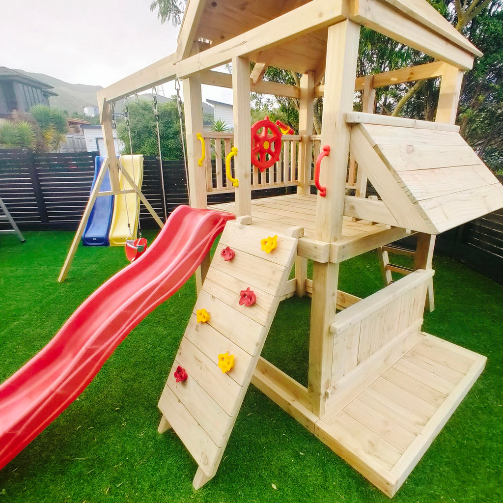 Large 1.5mx1.5m Play Tower (#4) - with slide, shopfront, rock wall, sandpit and swings