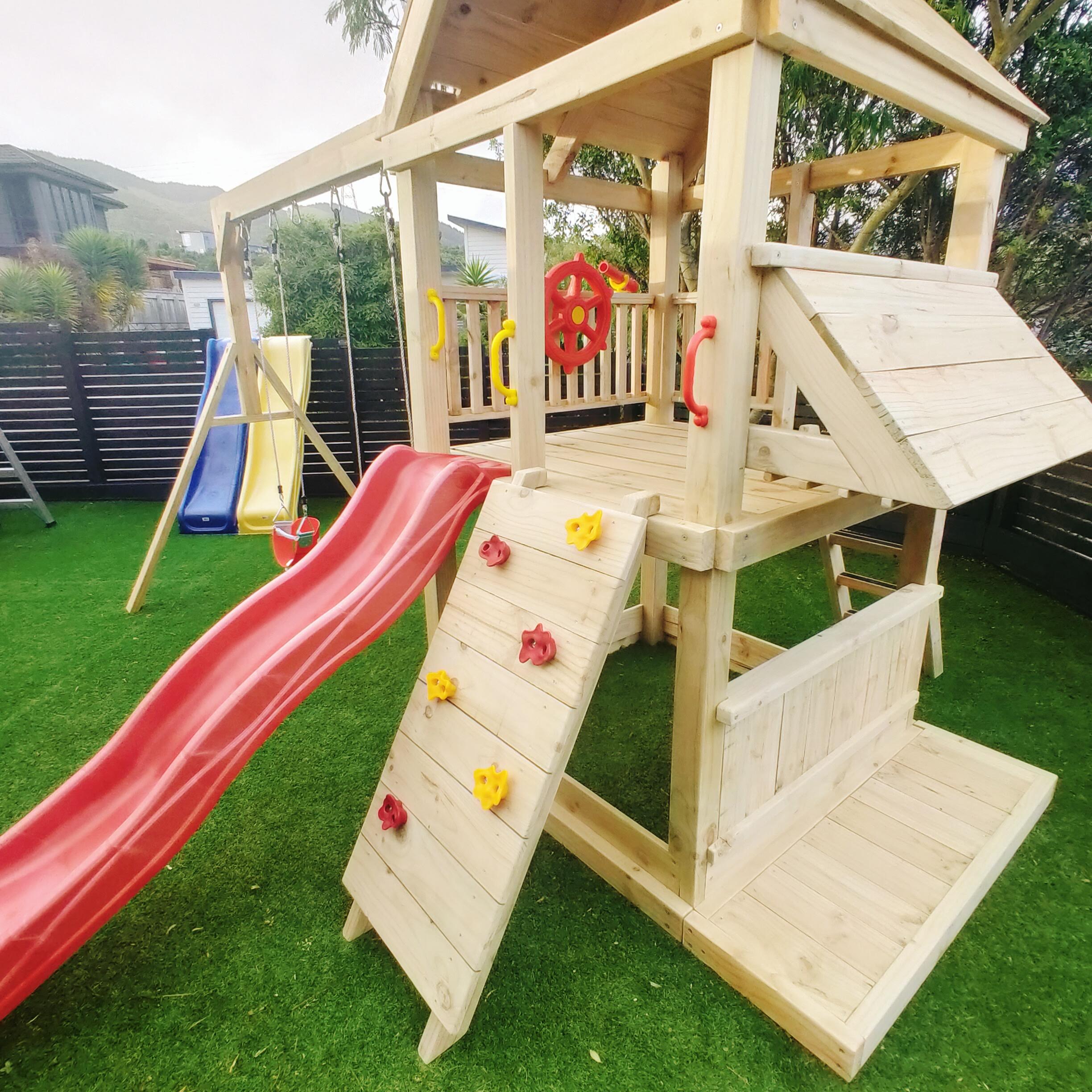 Large 1.5mx1.5m Play Tower (#4) - with slide, shopfront, rock wall, sandpit and swings