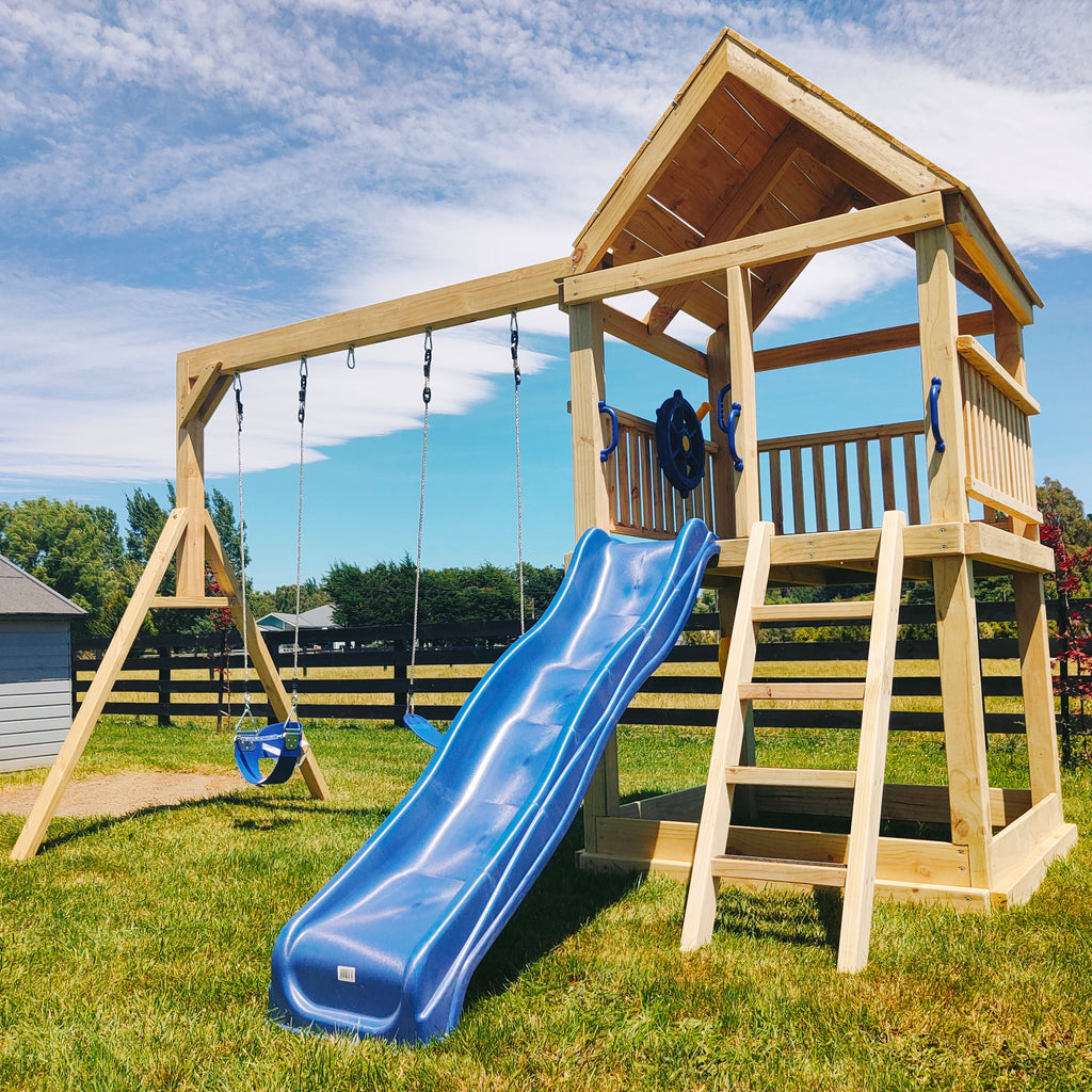 Large 1.5mx1.5m Play Tower (#1) - with slide, sandpit and swings