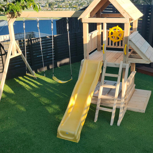 1.2mx1.2m Playground Tower (#6) - with shopfront, patio, slide and swings
