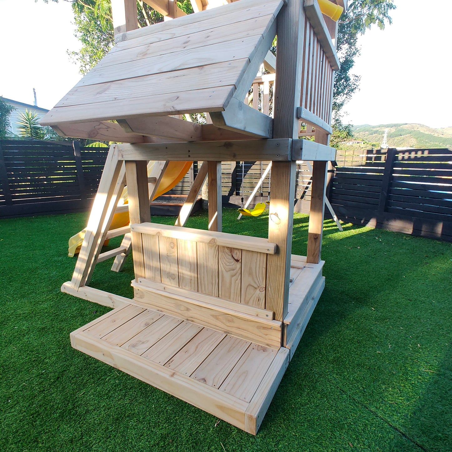 1.2mx1.2m Playground Tower (#6) - with shopfront, patio, slide and swings
