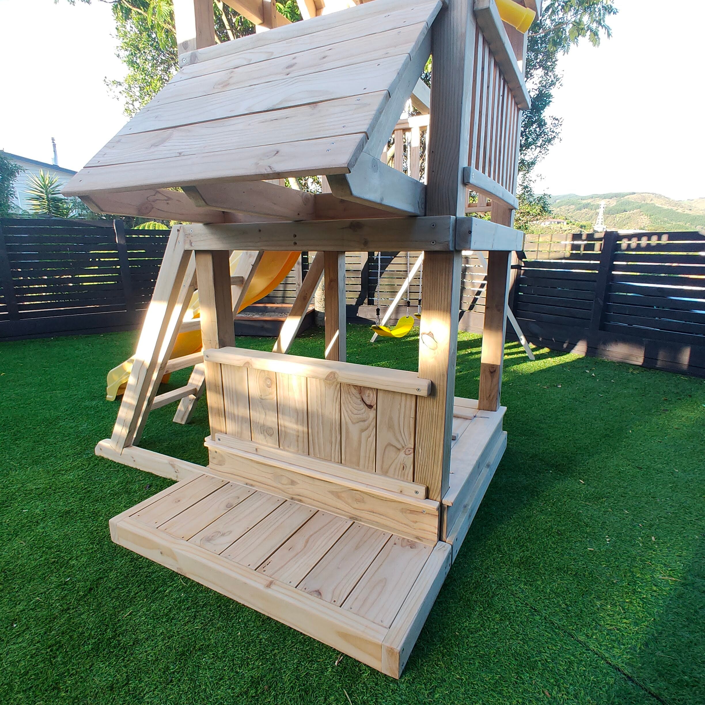 Standard 1.2mx1.2m Play Tower (#6) - with shopfront, patio, slide and swings