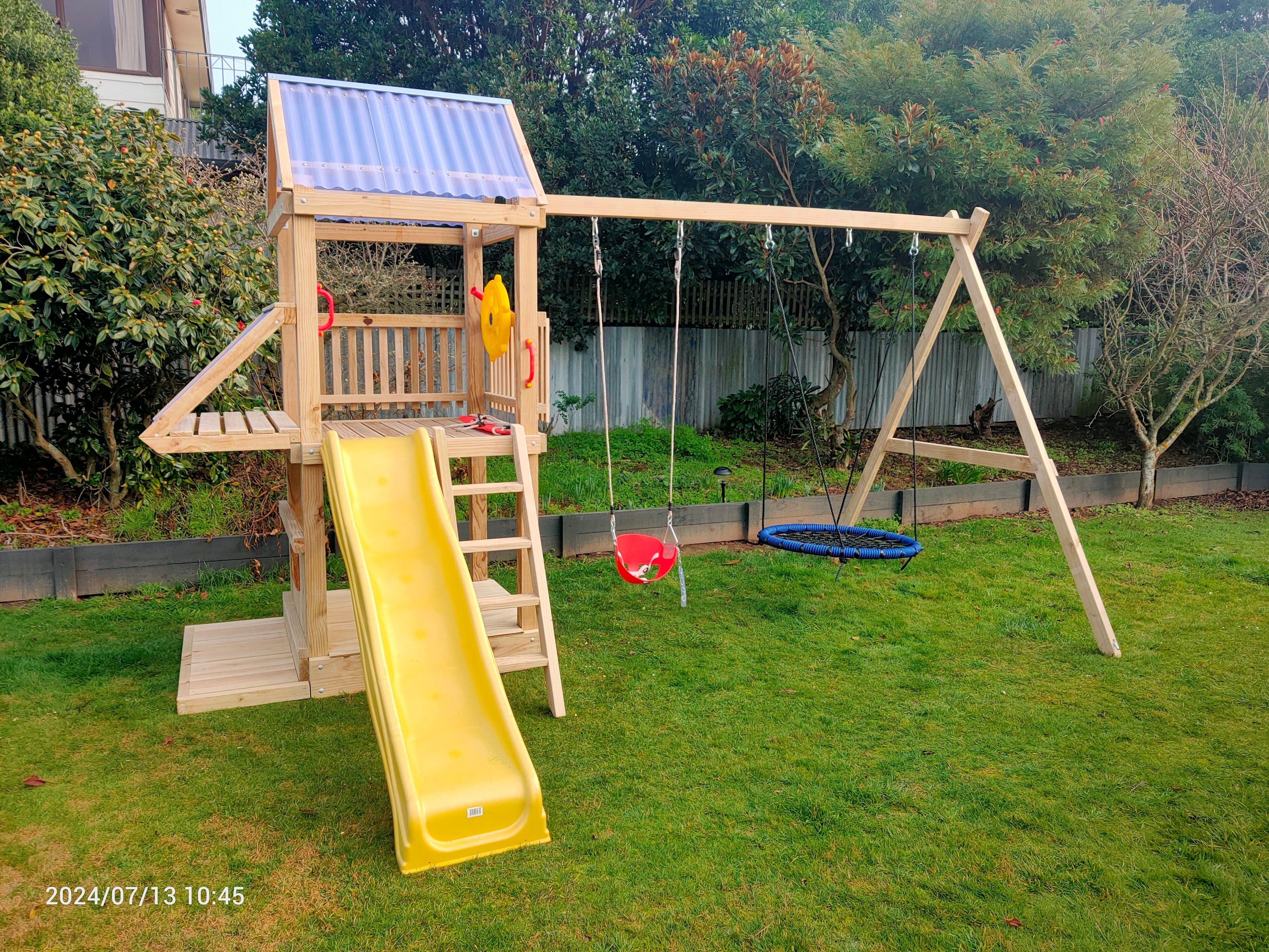 Standard 1.2mx1.2m Play Tower (#6) - with shopfront, patio, slide and swings