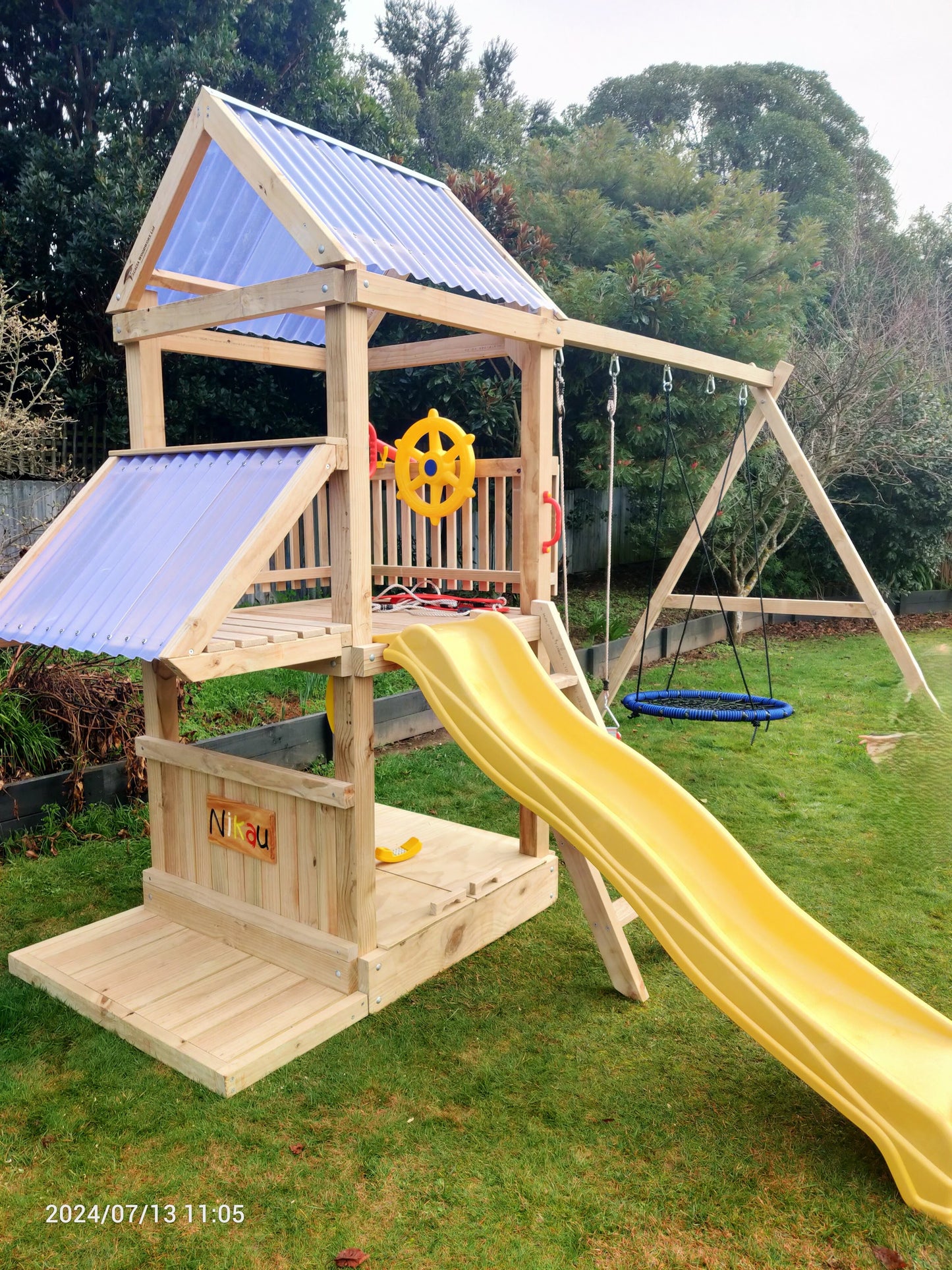 1.2mx1.2m Playground Tower (#6) - with shopfront, patio, slide and swings
