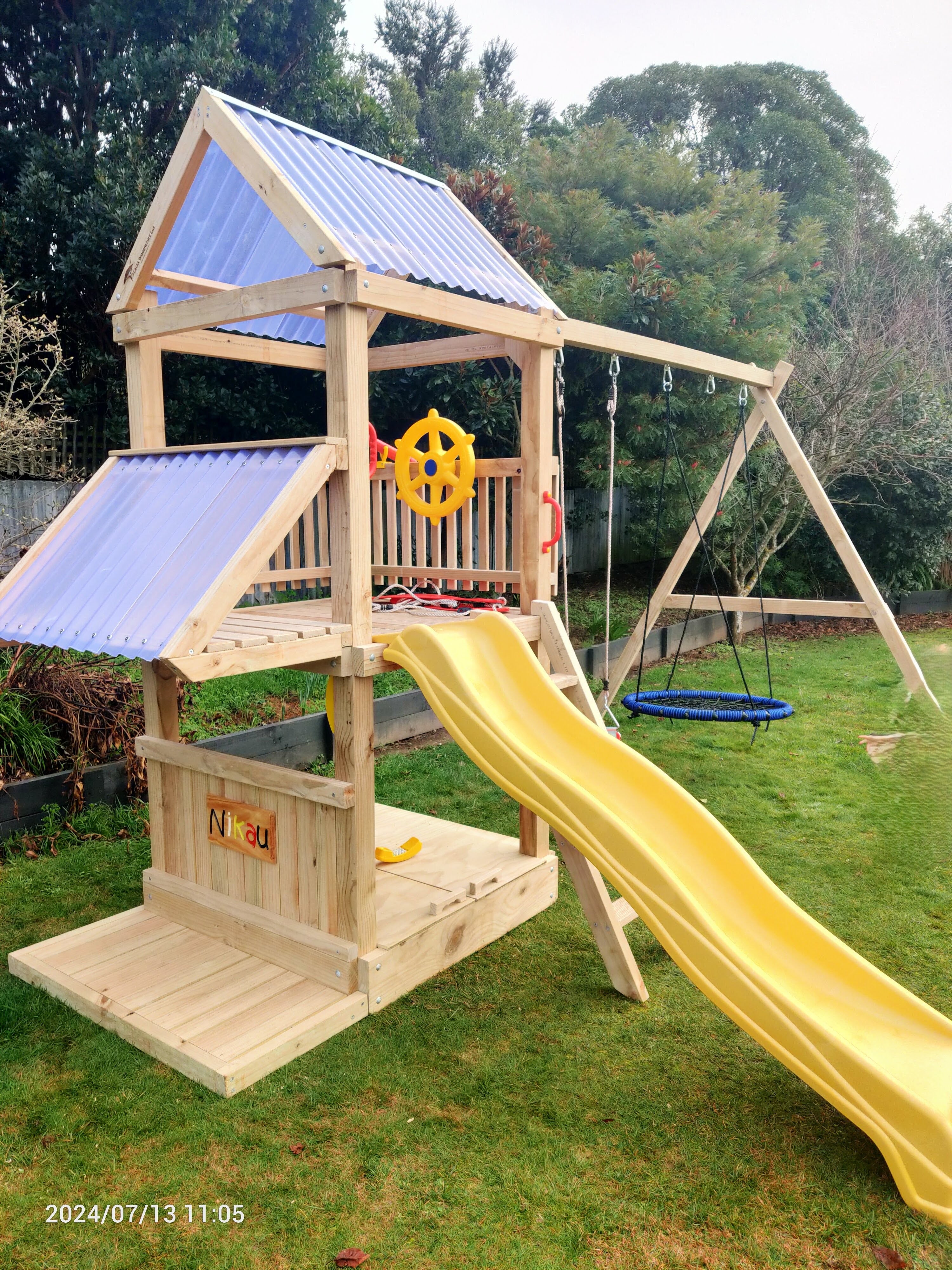 Standard 1.2mx1.2m Play Tower (#6) - with shopfront, patio, slide and swings