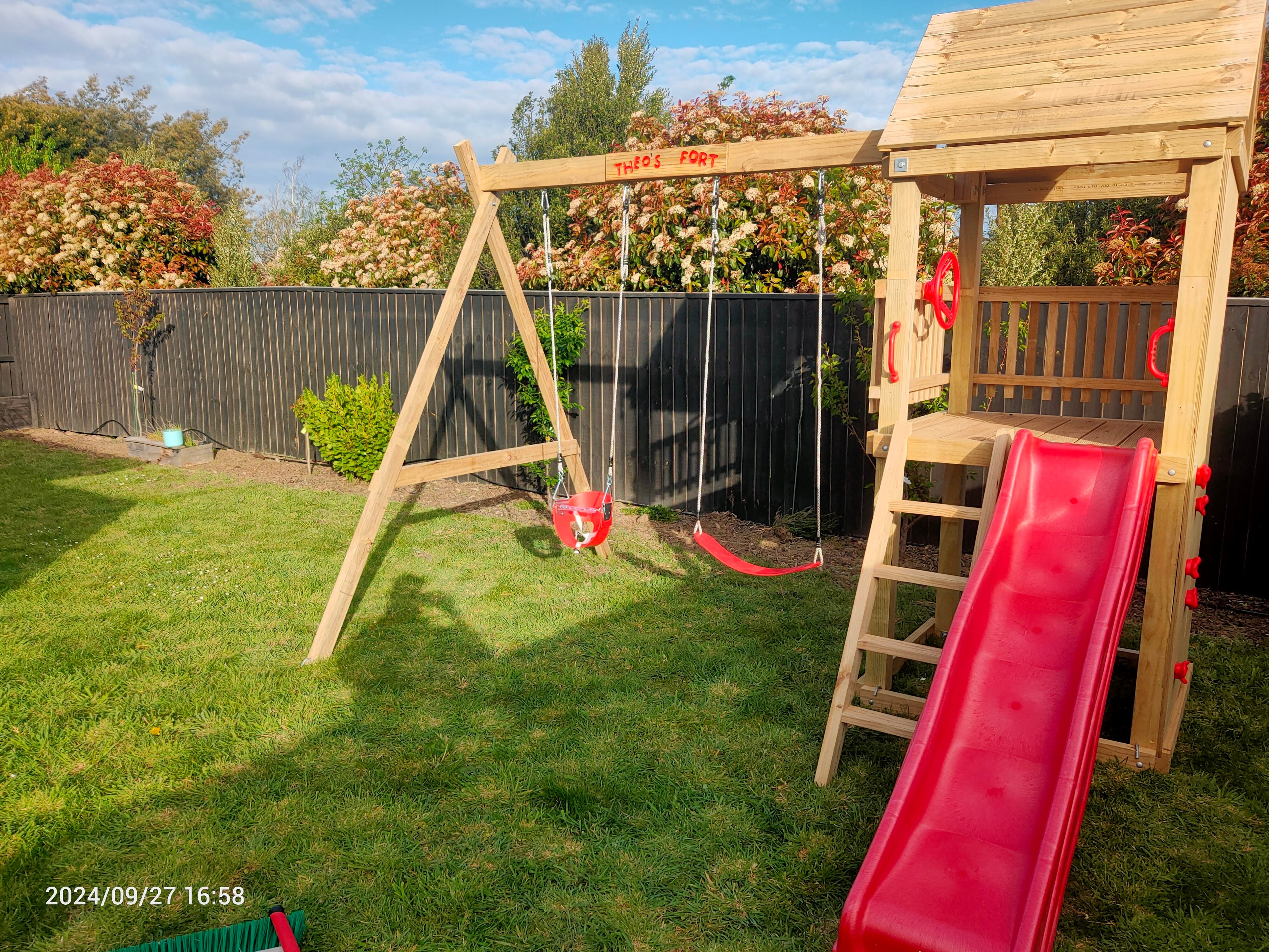 Standard 1.2mx1.2m Play Tower (#4) - with climbing wall, slide and swings