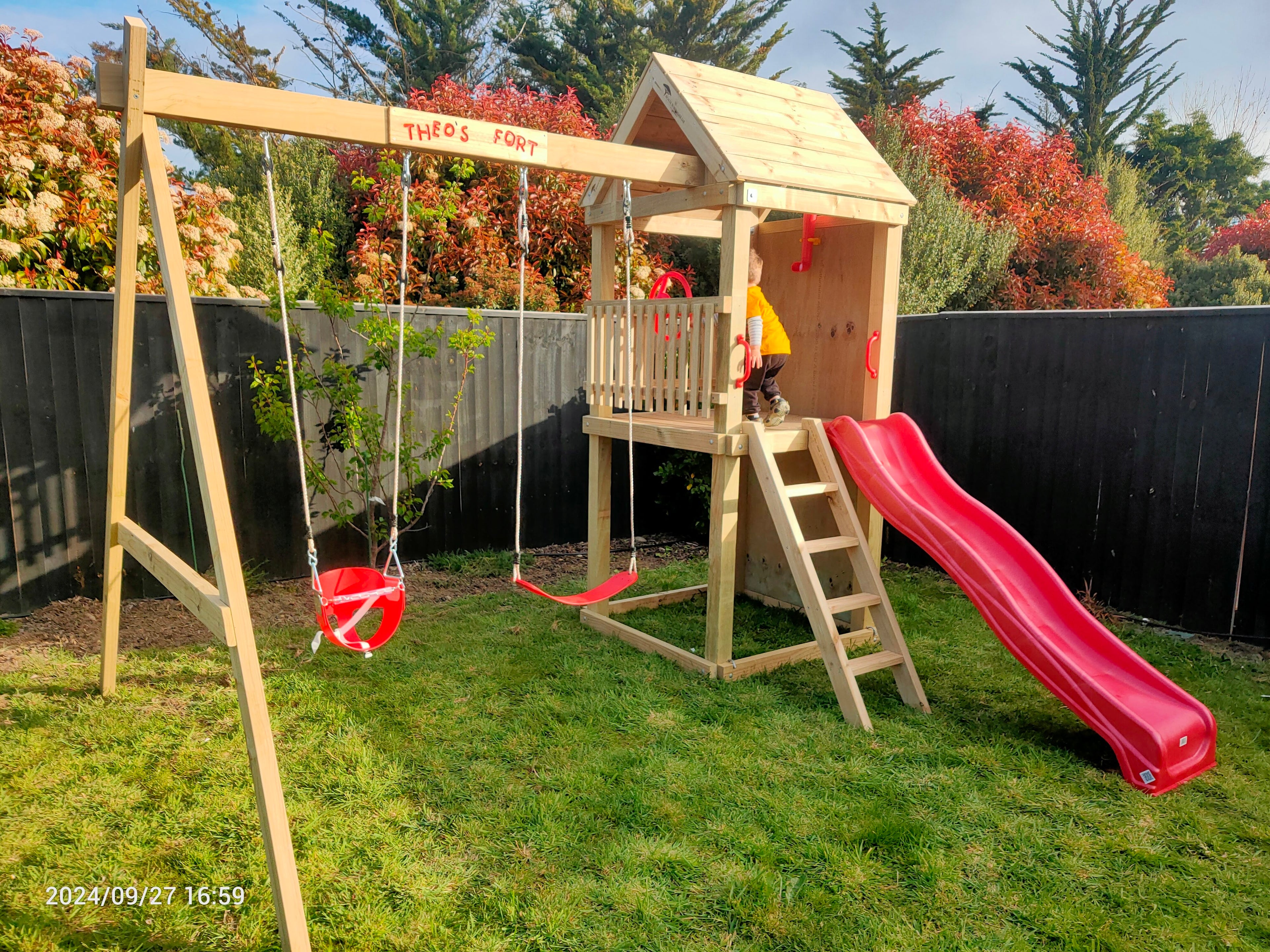 Standard 1.2mx1.2m Play Tower (#4) - with climbing wall, slide and swings