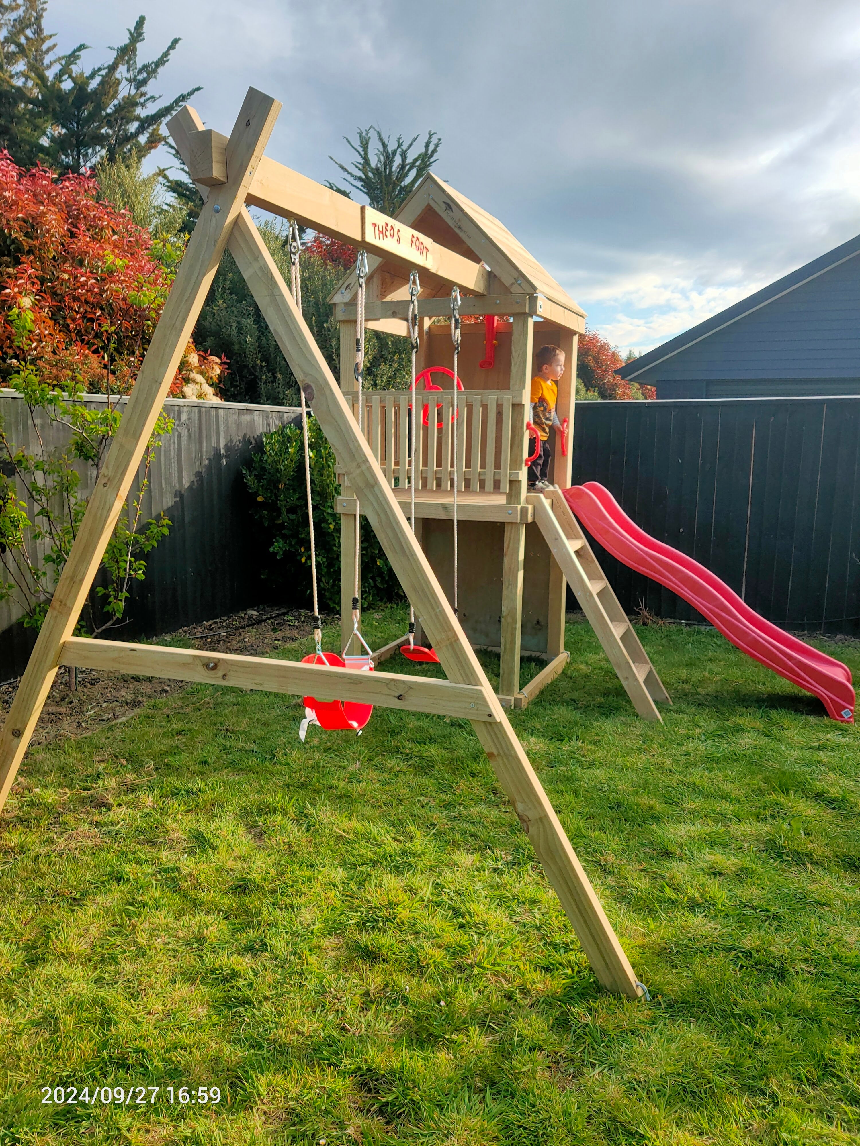 Standard 1.2mx1.2m Play Tower (#4) - with climbing wall, slide and swings