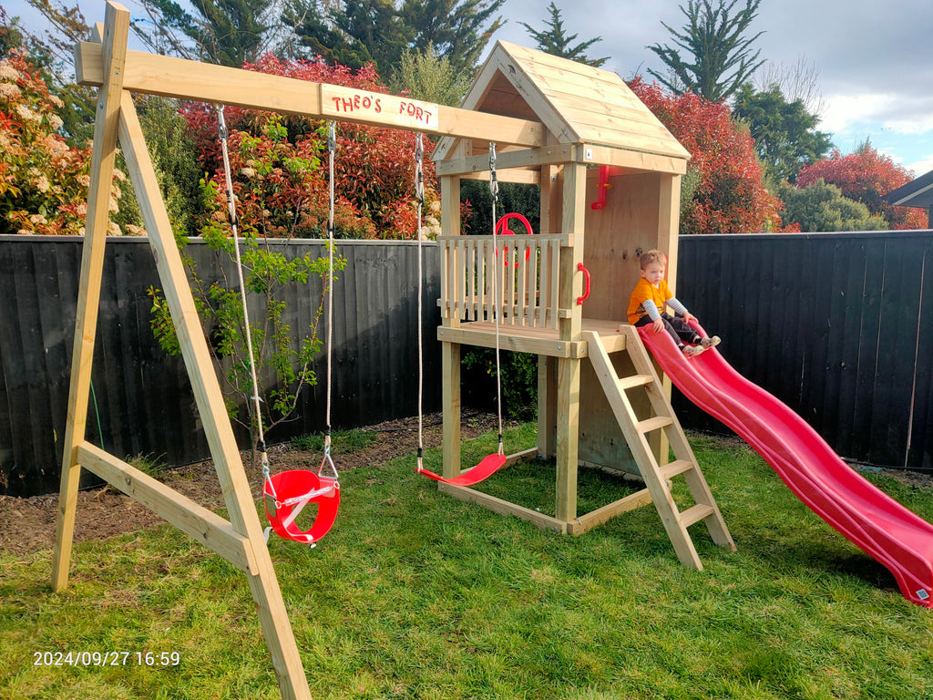 Standard 1.2mx1.2m Play Tower (#4) - with climbing wall, slide and swings