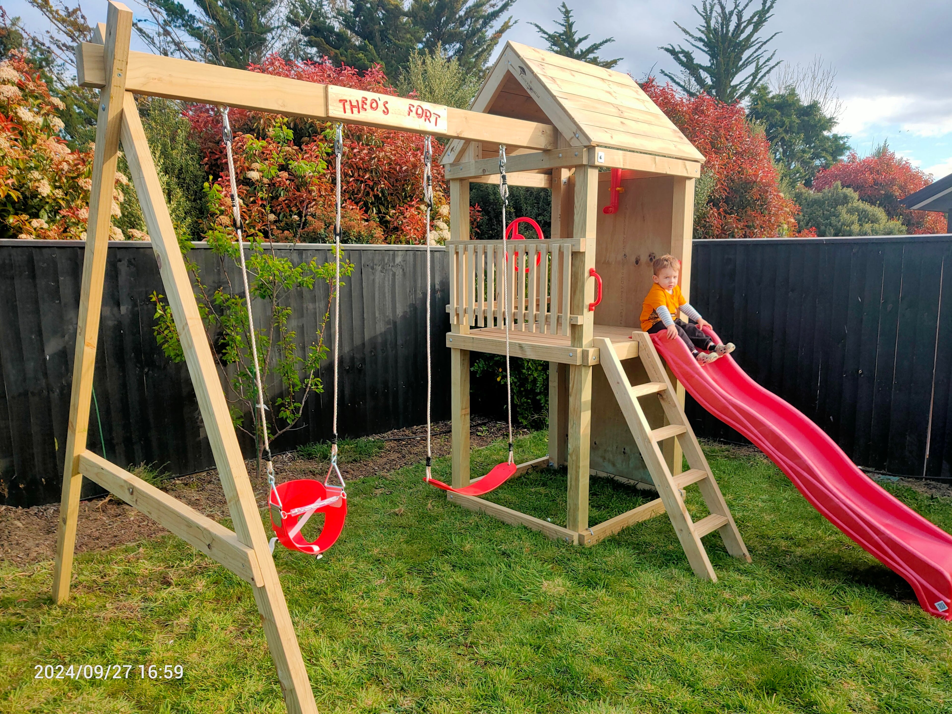 Standard 1.2mx1.2m Play Tower (#4) - with climbing wall, slide and swings