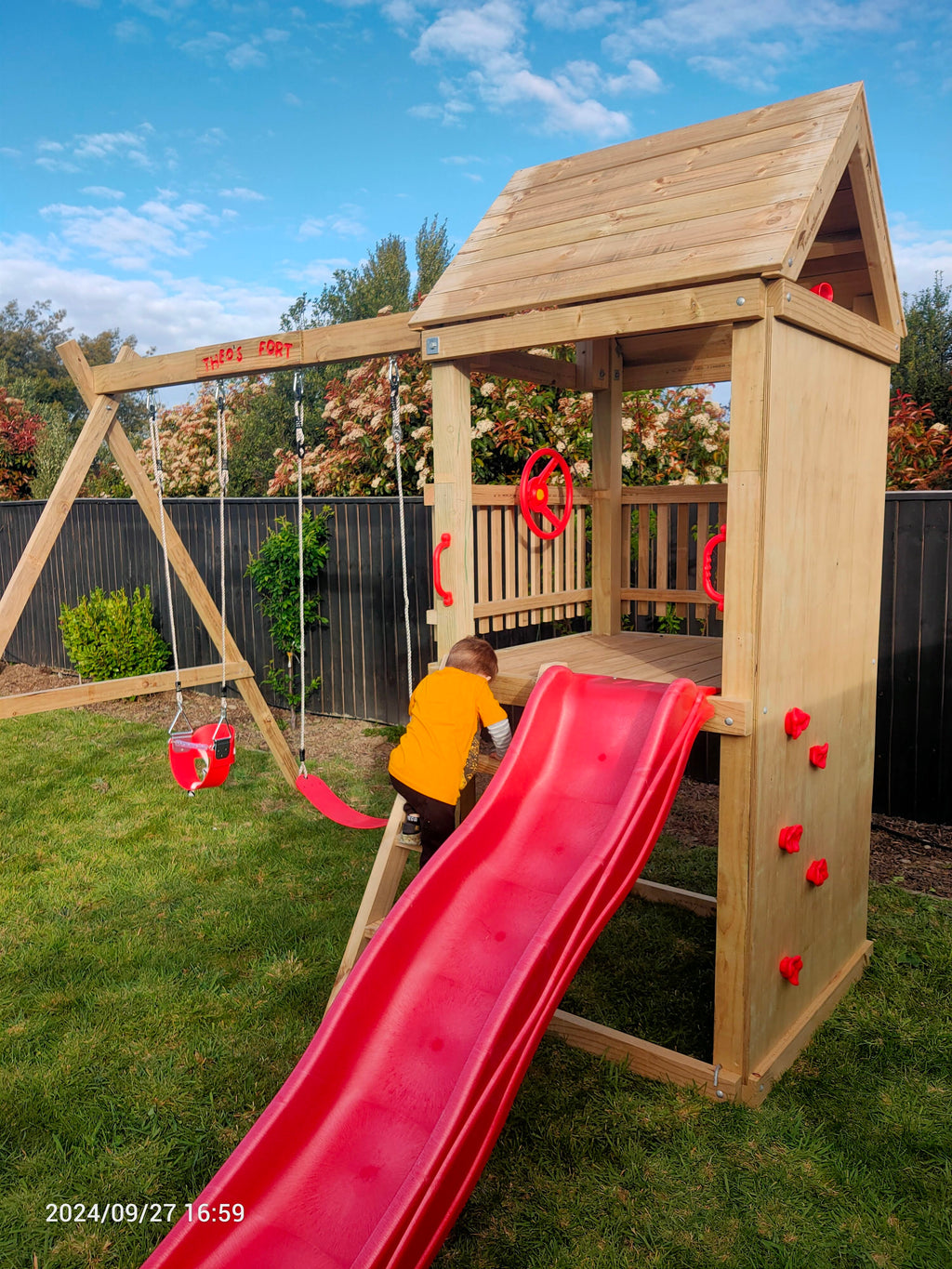Standard 1.2mx1.2m Play Tower (#4) - with climbing wall, slide and swings