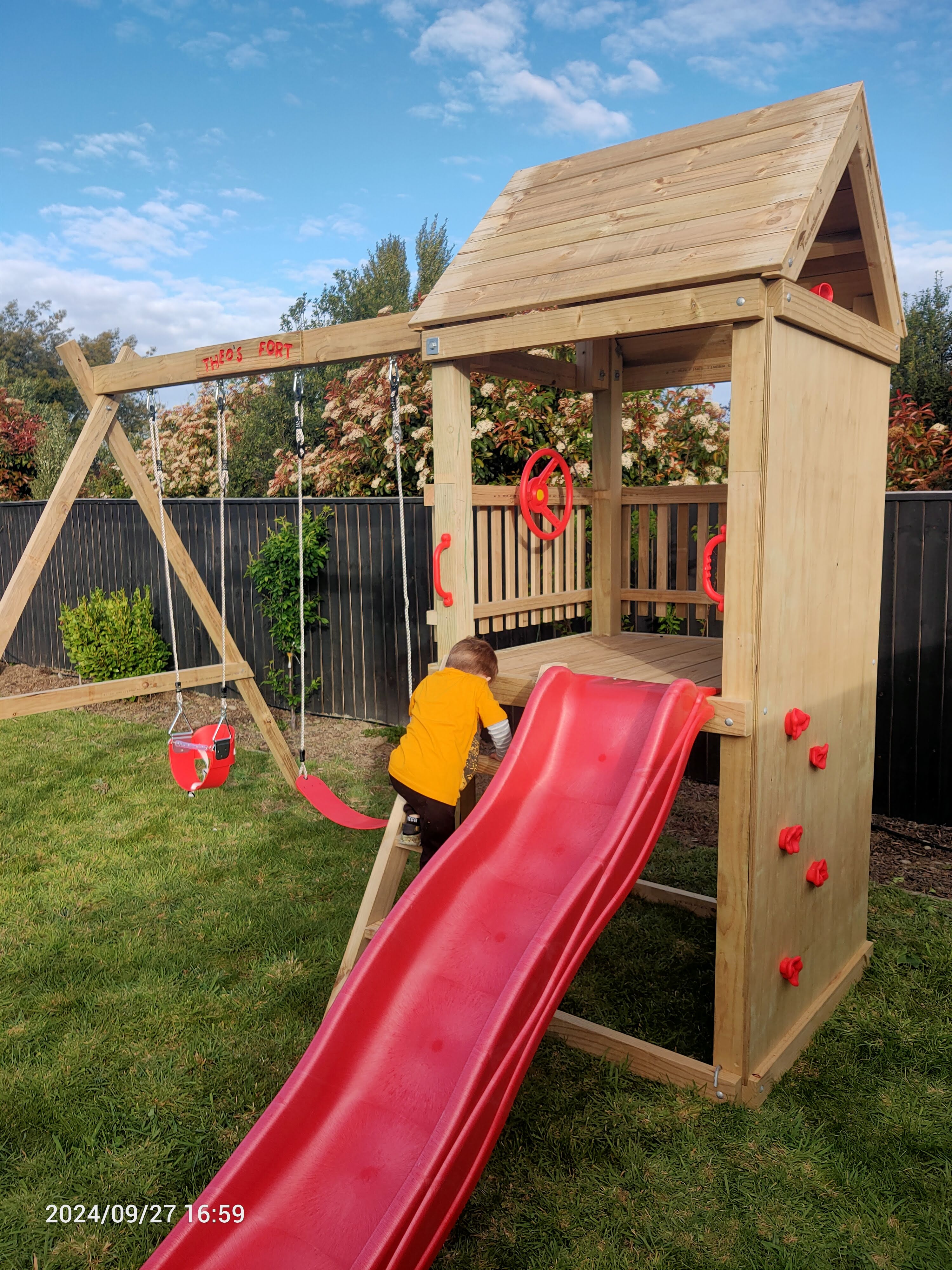 Standard 1.2mx1.2m Play Tower (#4) - with climbing wall, slide and swings