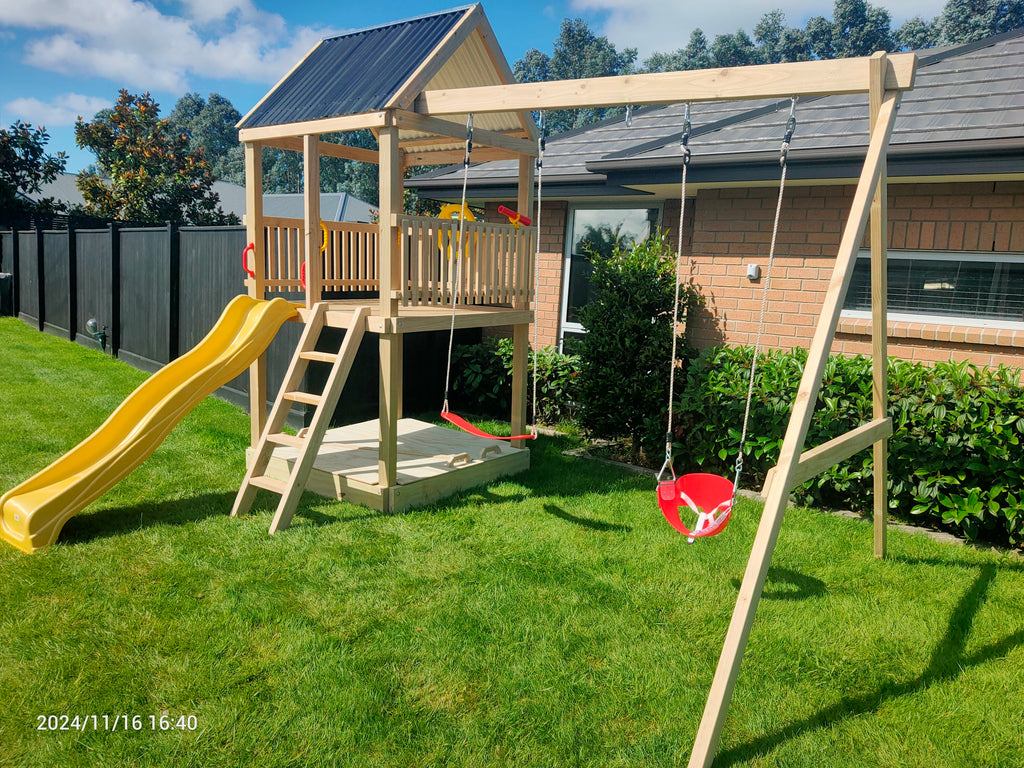 Large 1.5mx1.5m Play Tower (#2) - with slide, sandpit, sandpit cover and swings