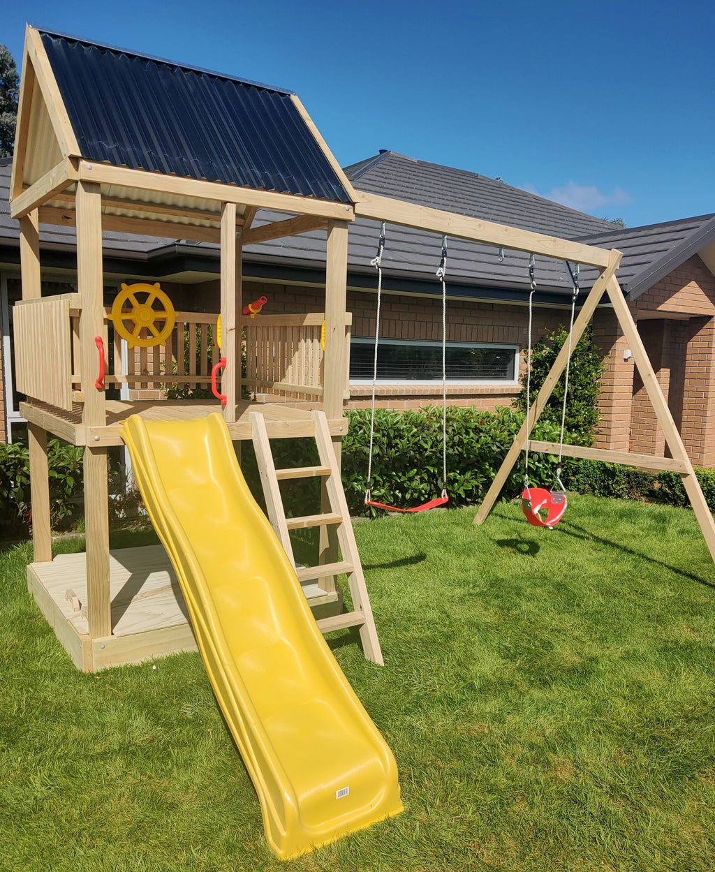 Large 1.5mx1.5m Play Tower (#2) - with slide, sandpit, sandpit cover and swings