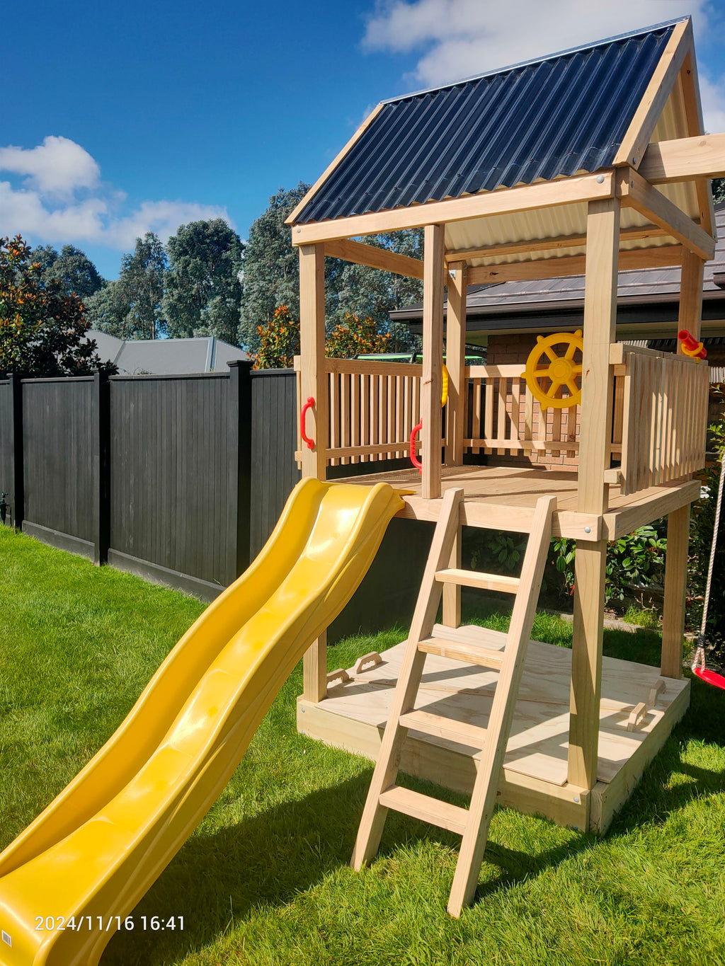 Large 1.5mx1.5m Play Tower (#2) - with slide, sandpit, sandpit cover and swings