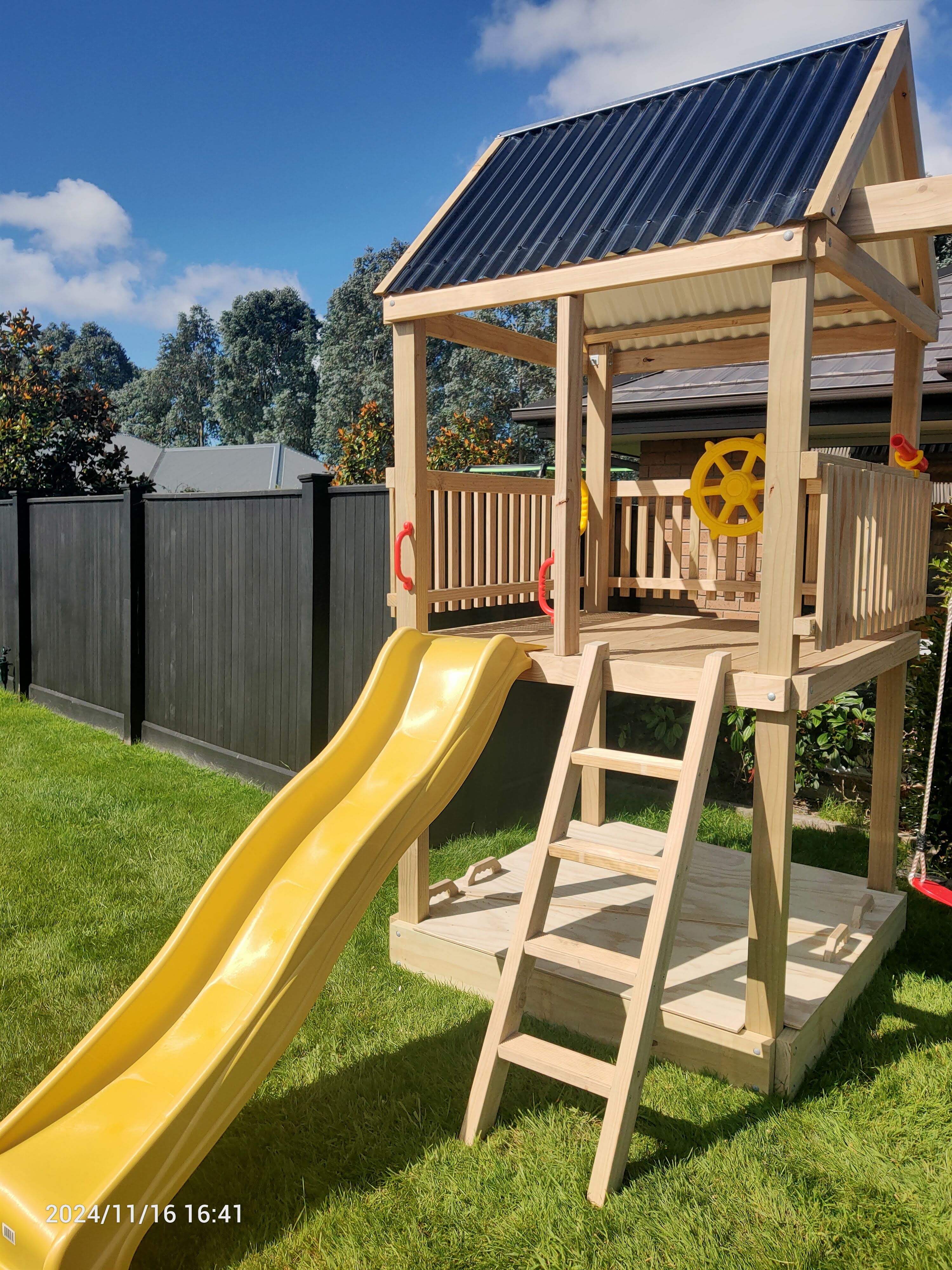 Large 1.5mx1.5m Play Tower (#2) - with slide, sandpit, sandpit cover and swings