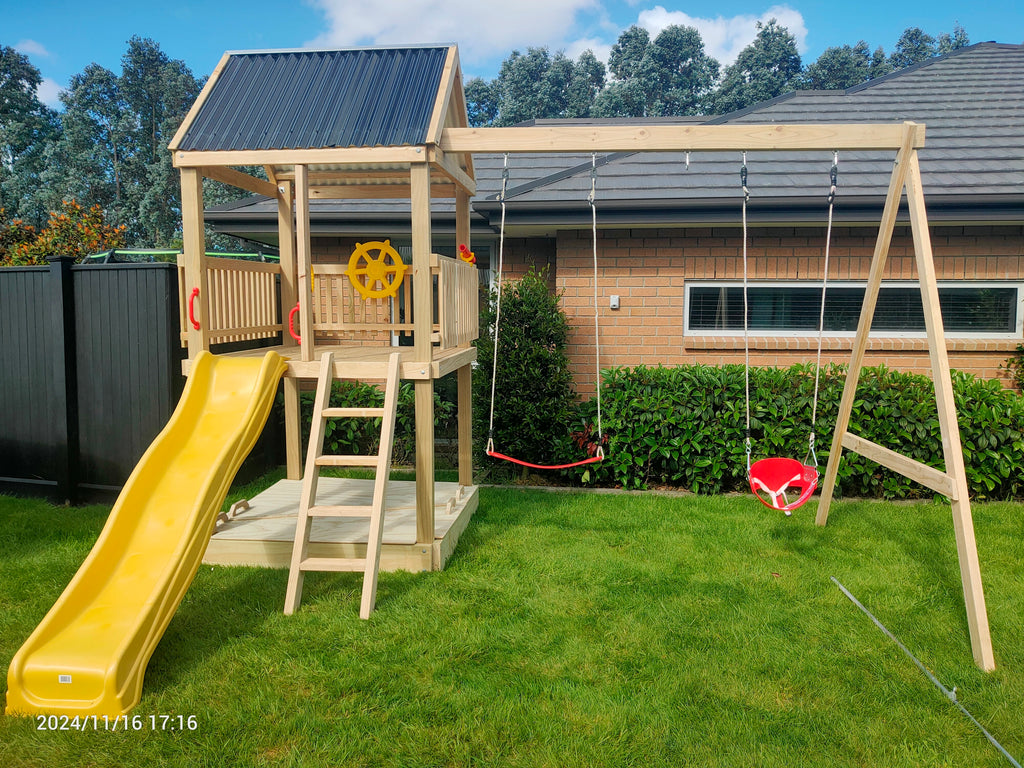 Large 1.5mx1.5m Play Tower (#2) - with slide, sandpit, sandpit cover and swings