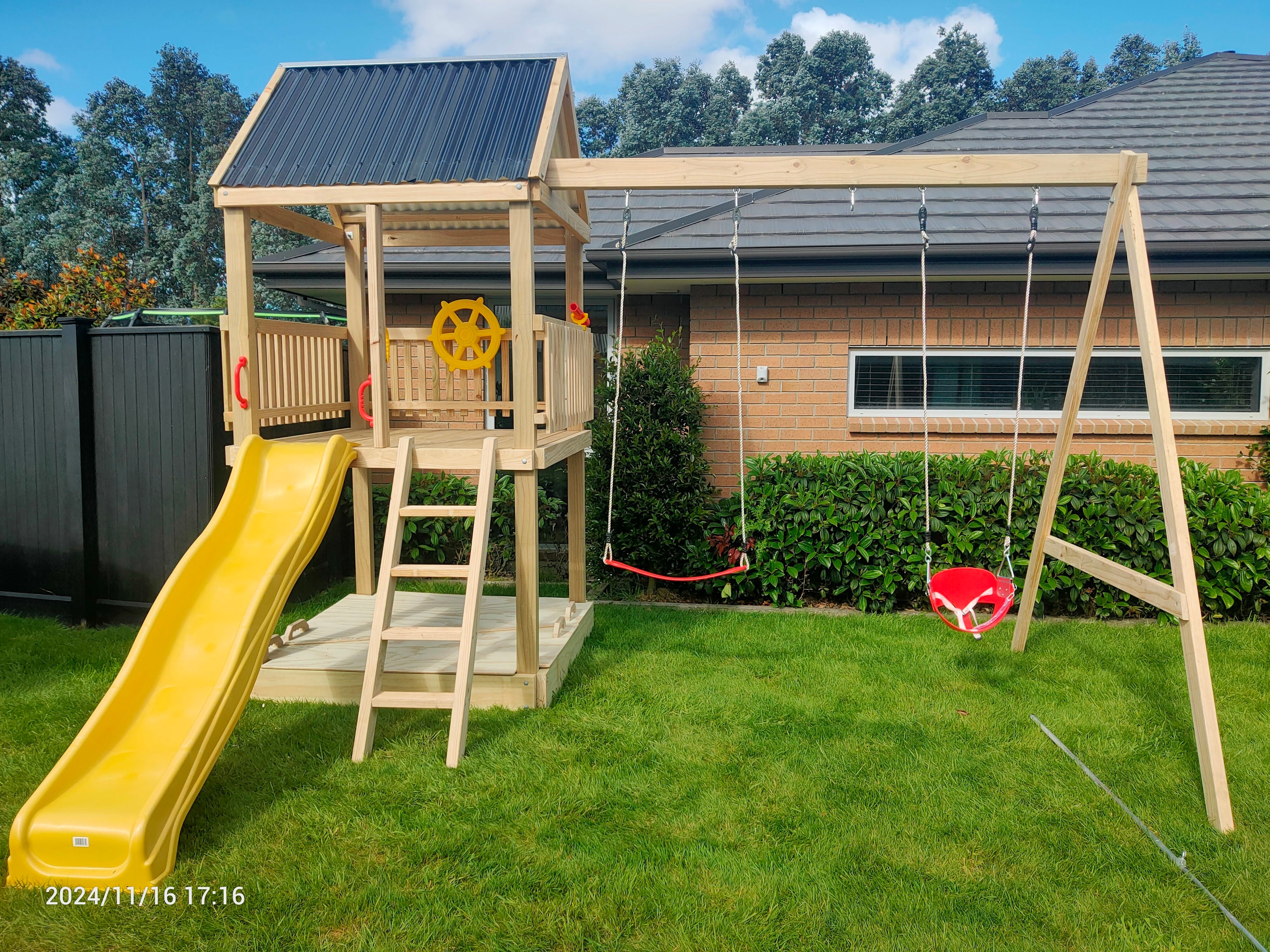 Large 1.5mx1.5m Play Tower (#2) - with slide, sandpit, sandpit cover and swings