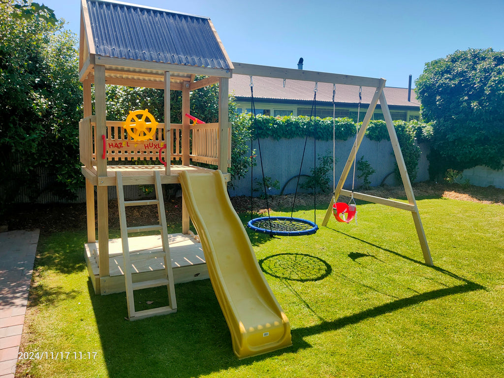 Large 1.5mx1.5m Play Tower (#2) - with slide, sandpit, sandpit cover and swings