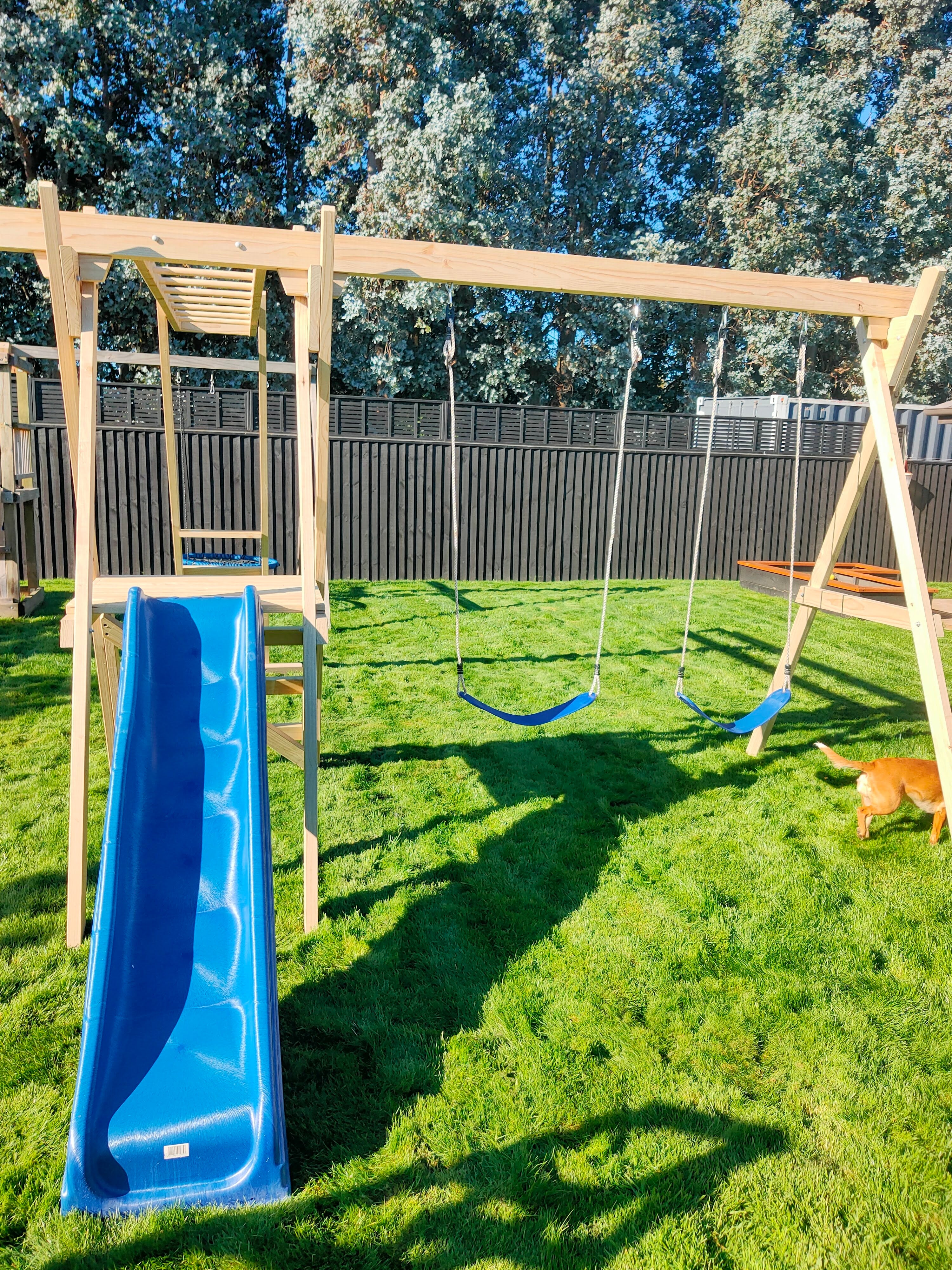 Small Wooden Playground Set with Monkey Bars, Slide & Net Swing