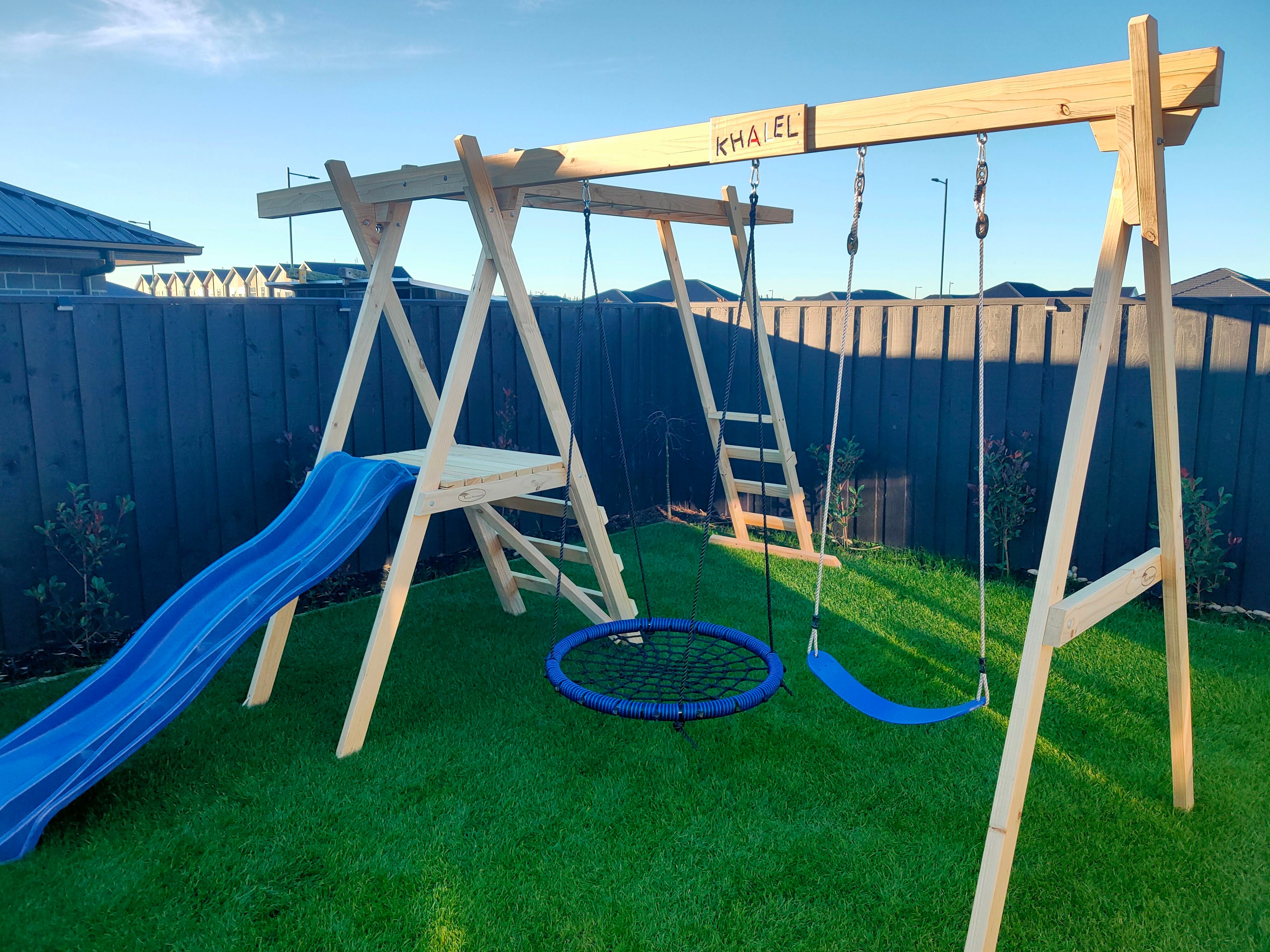 Small Wooden Playground Set with Monkey Bars, Slide & Net Swing