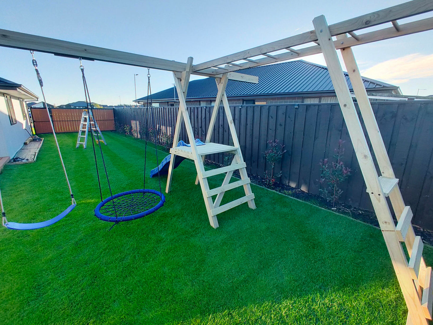 Playground Frame Set (#4) - with Monkey Bars, Slide and Net Swing