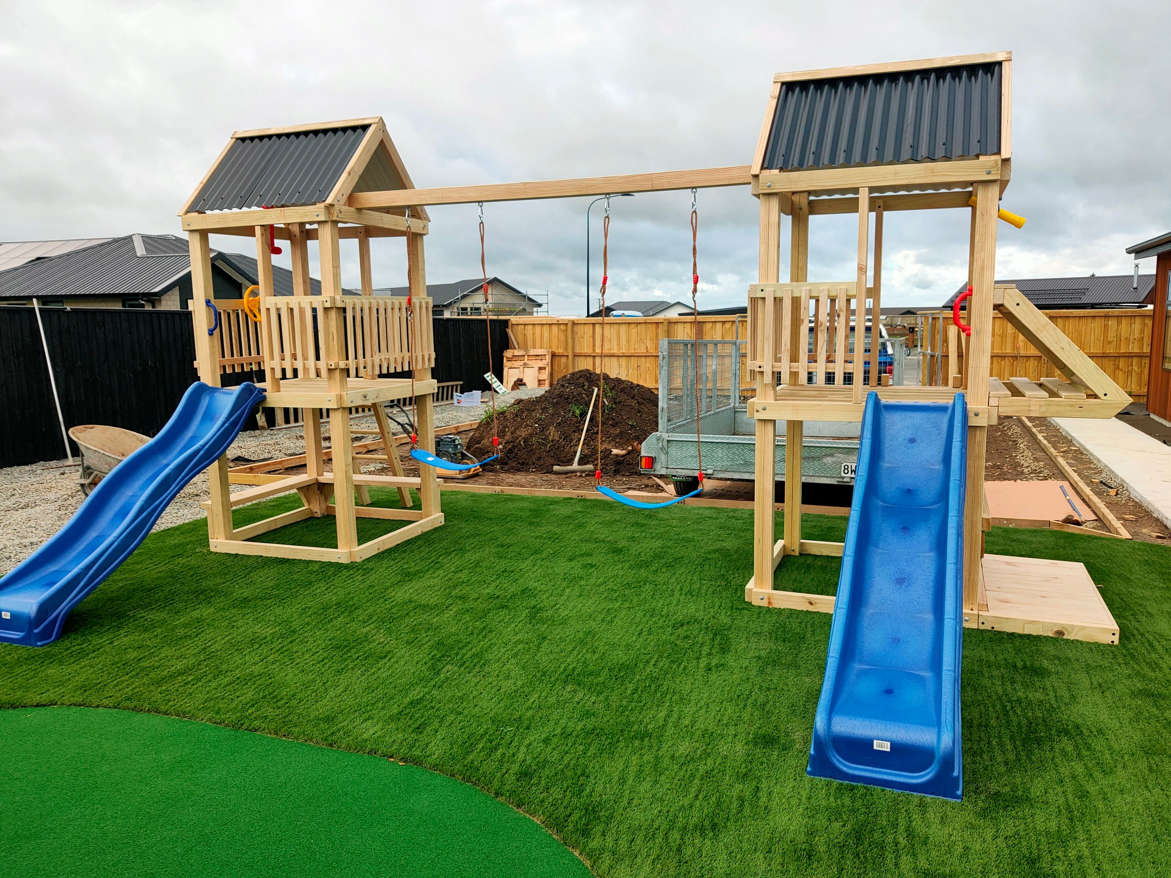 Standard 1.2mx1.2m Twin Tower Play Set (#7) - 2 x towers, with slides and swings