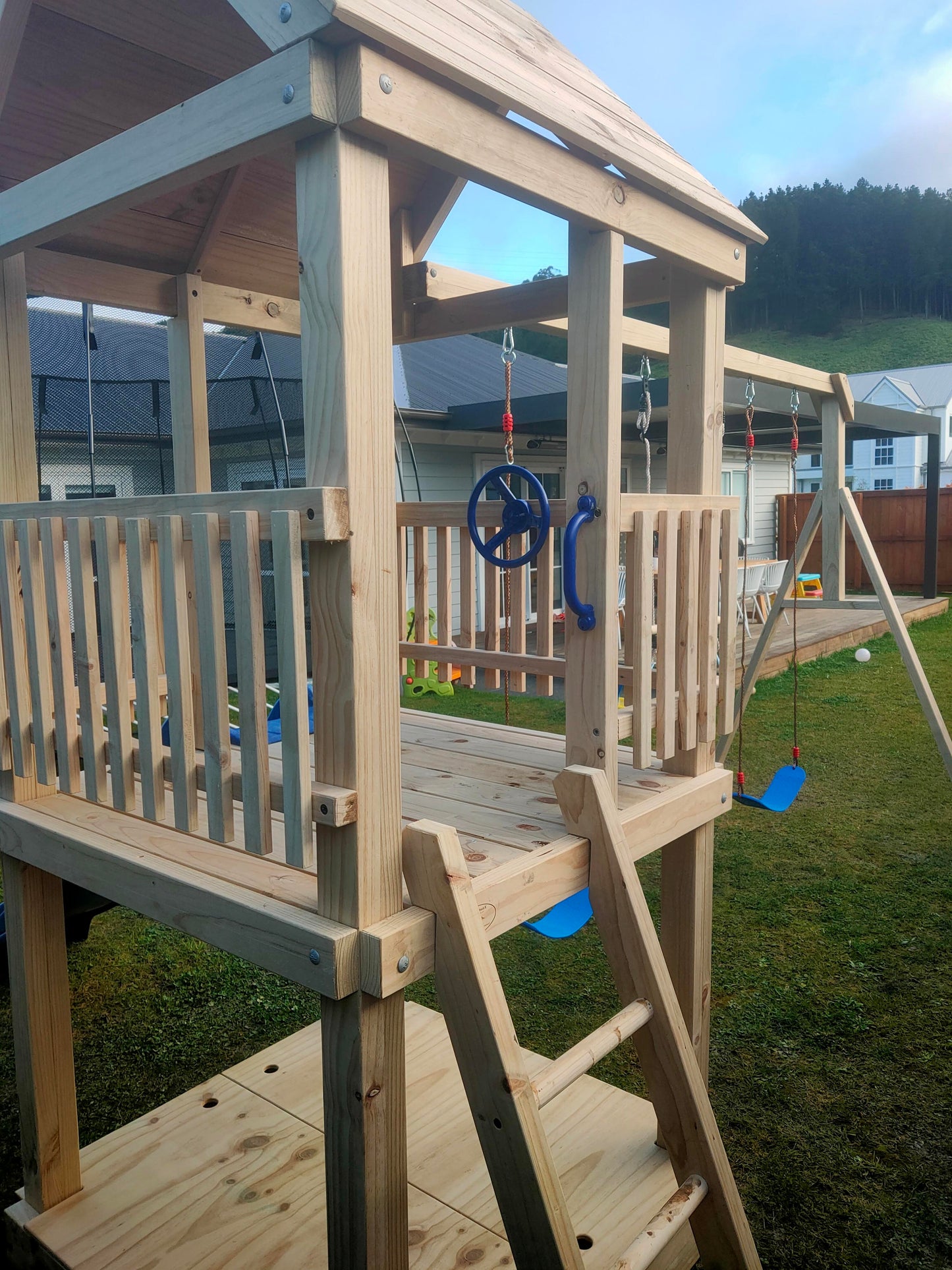 1.2mx1.2m Playground Tower (#8) triple delight - with trapeze, slide and 2 swings