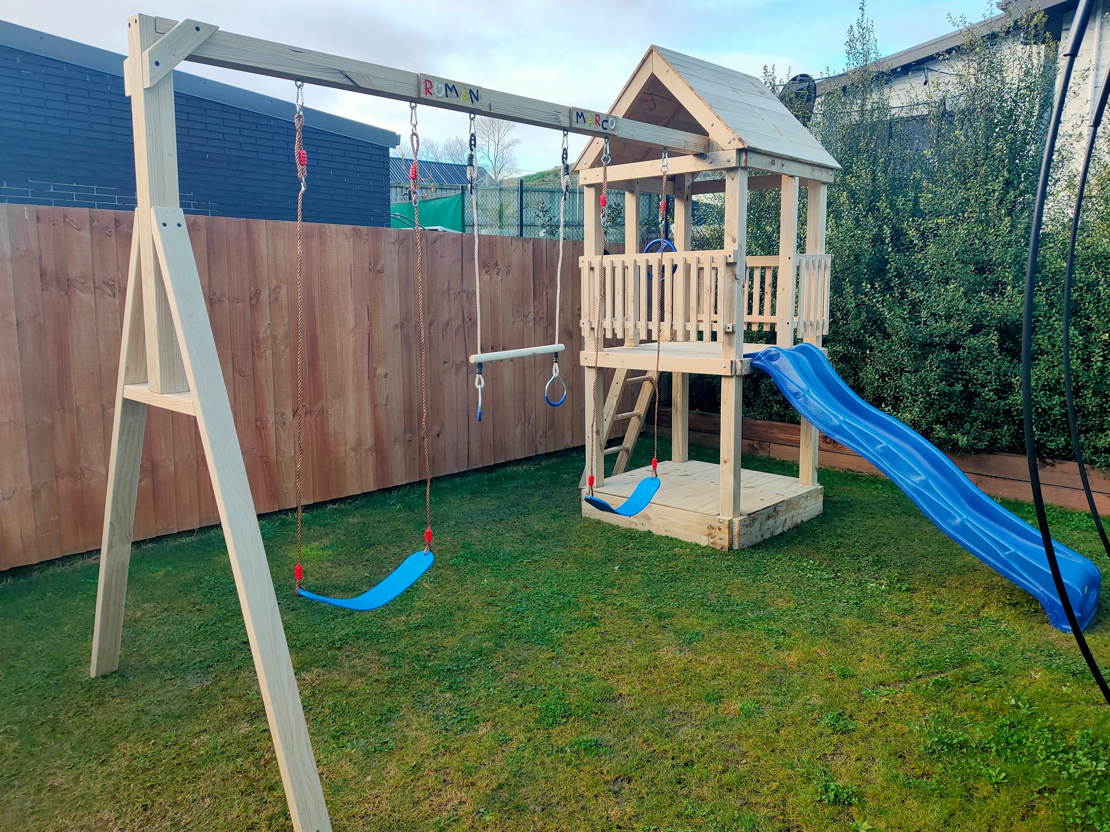 Standard 1.2mx1.2m Play Triple Delight Tower (#9) - with trapeze, slide and 2 swings