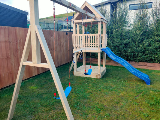 1.2mx1.2m Playground Tower (#8) triple delight - with trapeze, slide and 2 swings