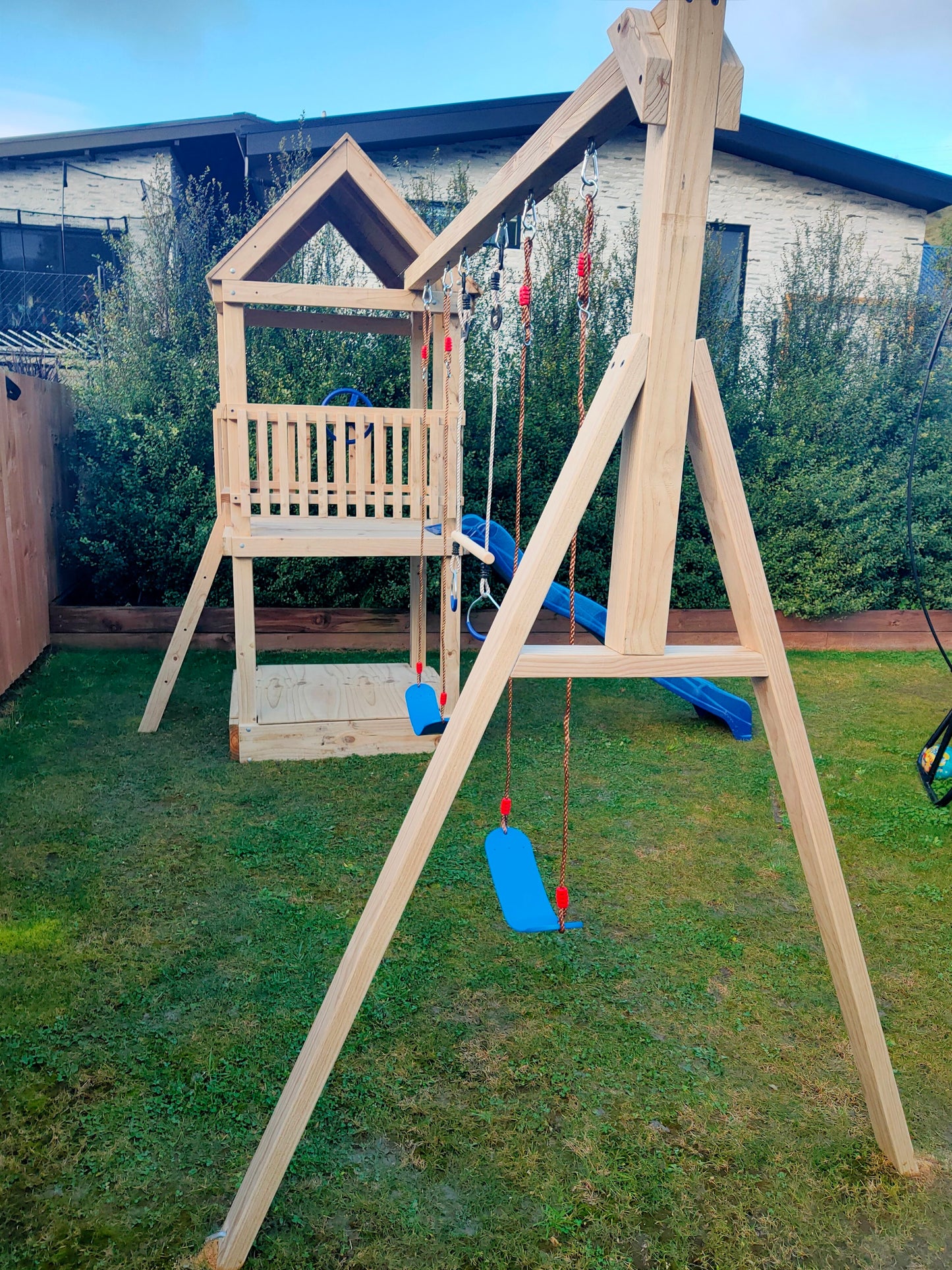 1.2mx1.2m Playground Tower (#8) triple delight - with trapeze, slide and 2 swings
