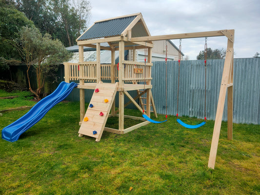 1.5m x 1.5m Playground Tower (#10) - balcony version, rock wall, wave slide and swings