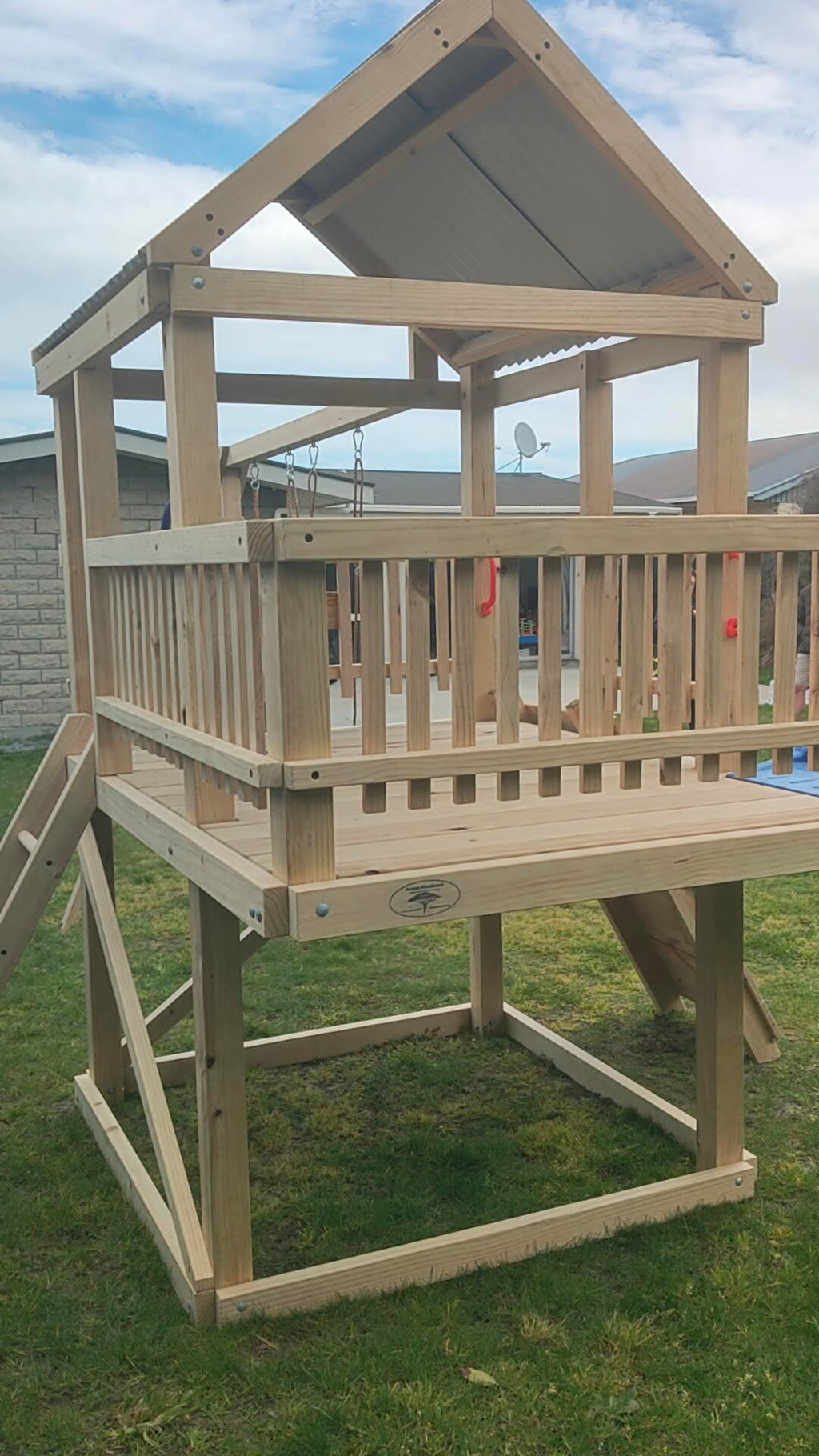 Large 2.1mx1.5m Balcony Tower (#1) - small rock wall, wave slide and swings