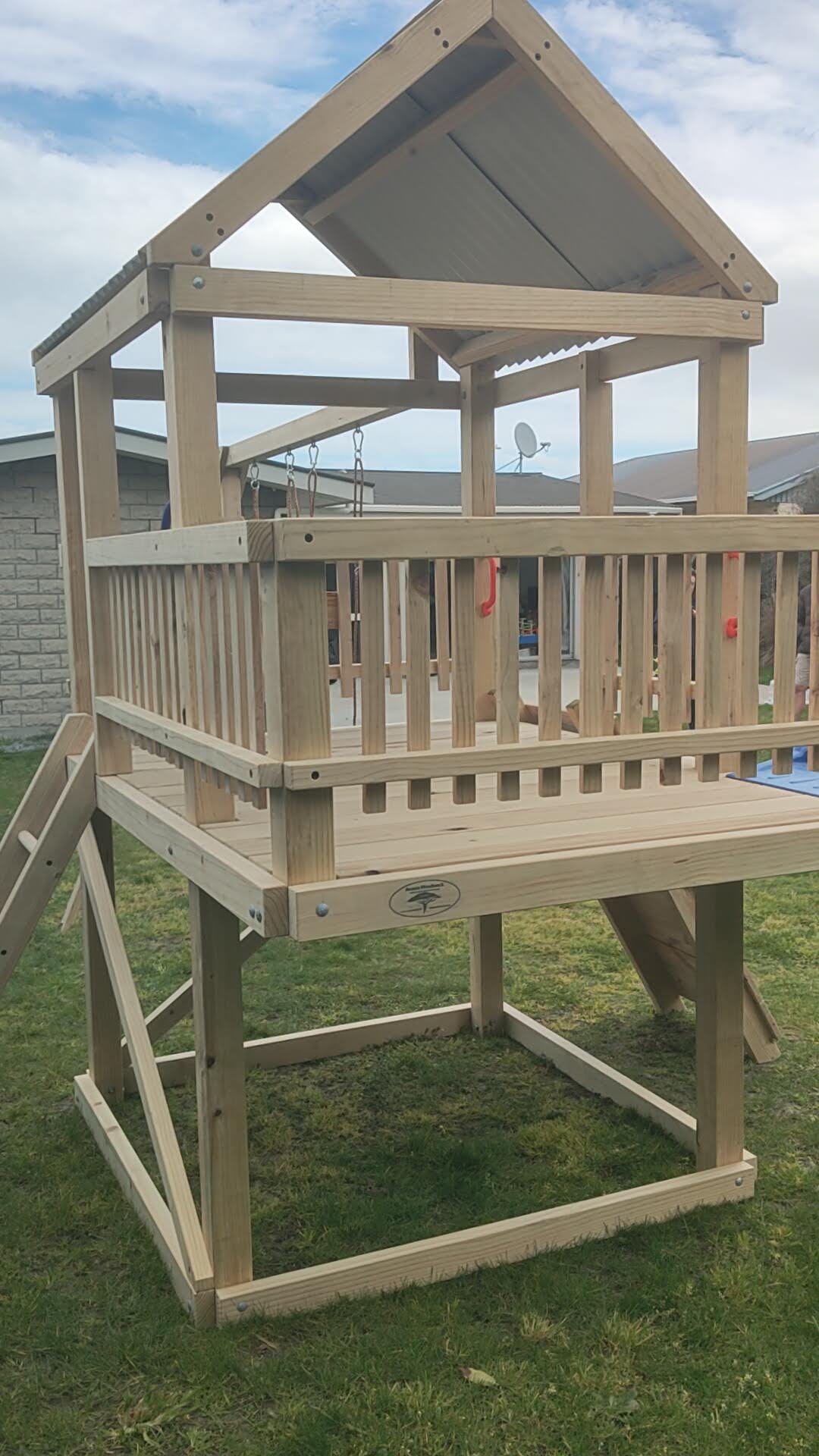 Large 2.1mx1.5m Balcony Tower (#1) - small rock wall, wave slide and swings