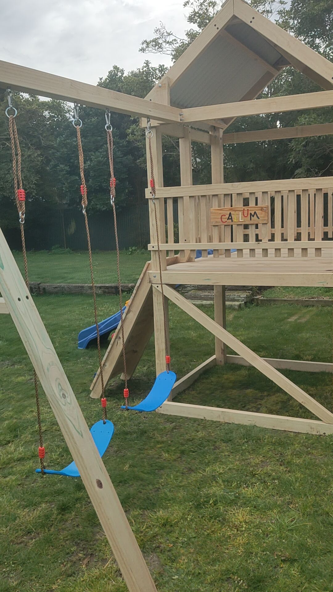 1.5m x 1.5m Playground Tower (#10) - balcony version, rock wall, wave slide and swings