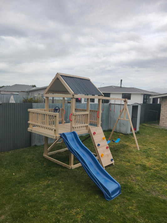1.5m x 1.5m Playground Tower (#10) - balcony version, rock wall, wave slide and swings