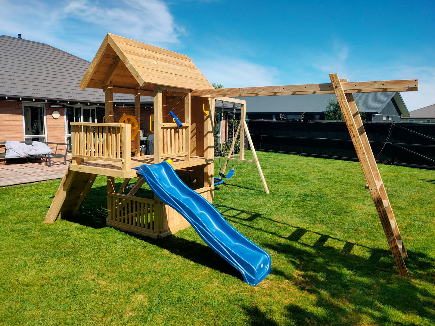 1.2mx2.1m Playground Tower (#9)-Balcony version with monkey bars, wave slide, swings and rock walls