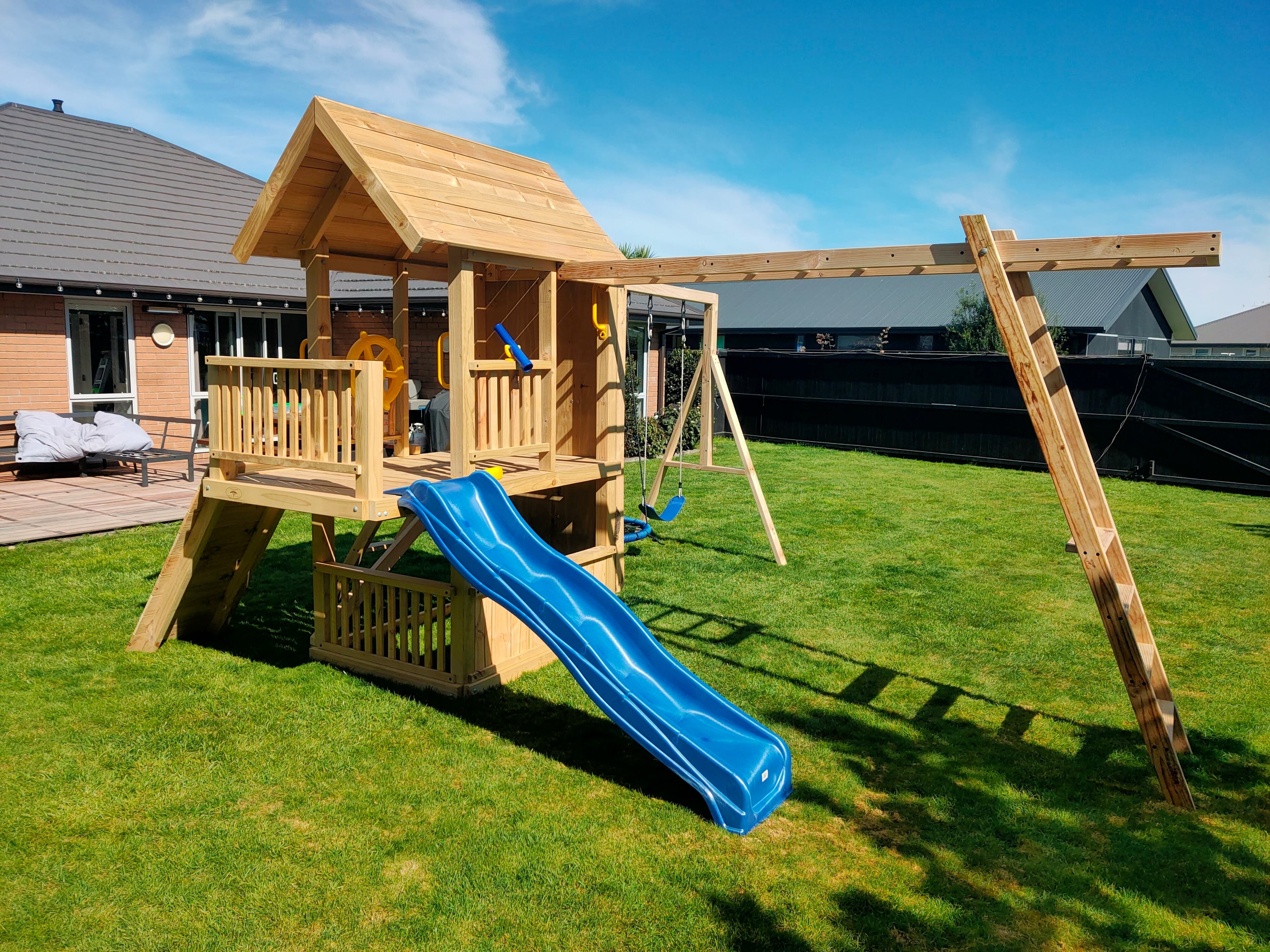 Super Large 2.1mx1.2m Balcony Tower Ultimate (#2)- monkey bars, slide, net and flexi swing and 2x rock walls
