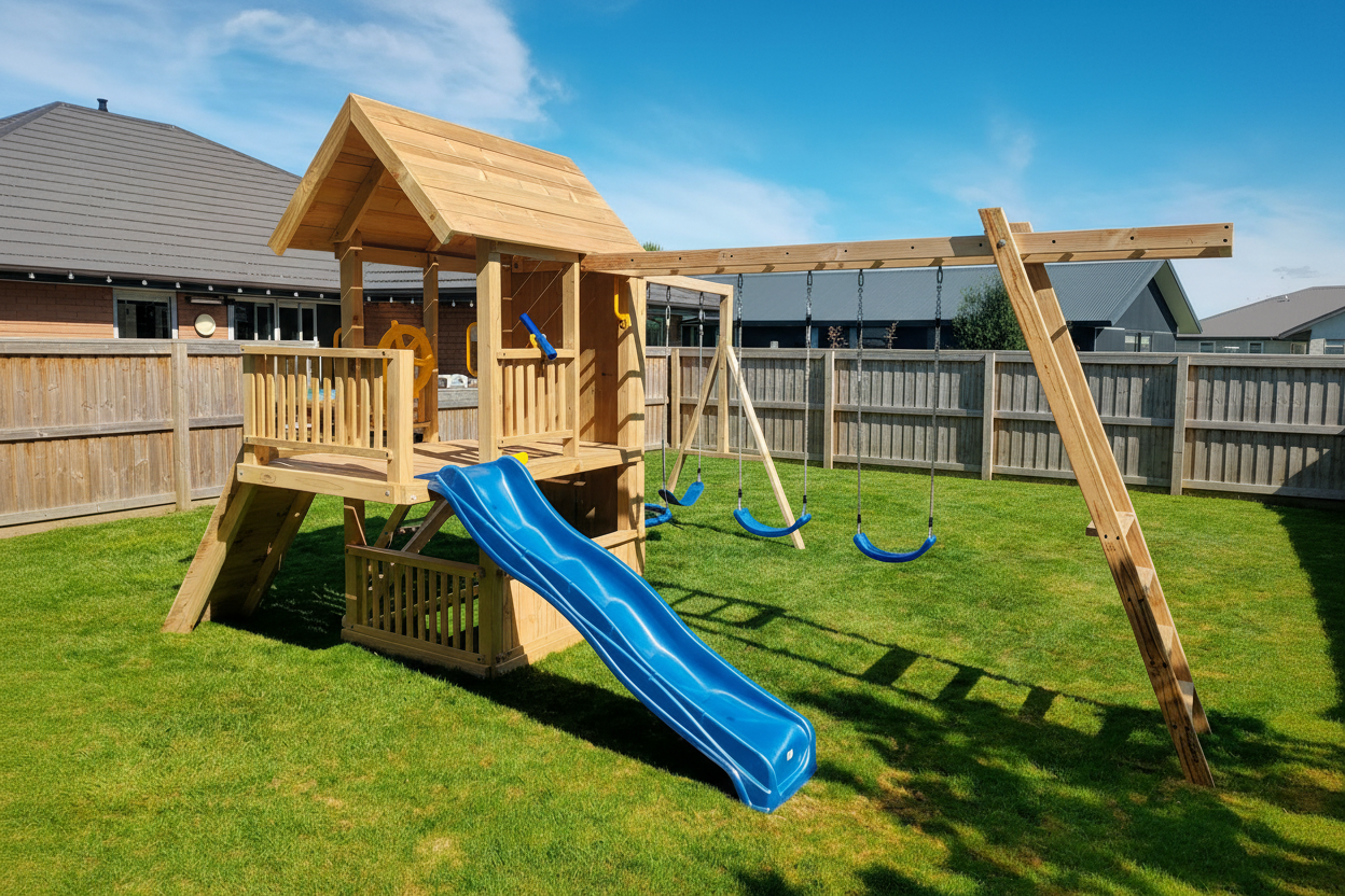 Super Large 2.1mx1.2m Balcony Tower Ultimate (#2)- monkey bars, slide, net and flexi swing and 2x rock walls