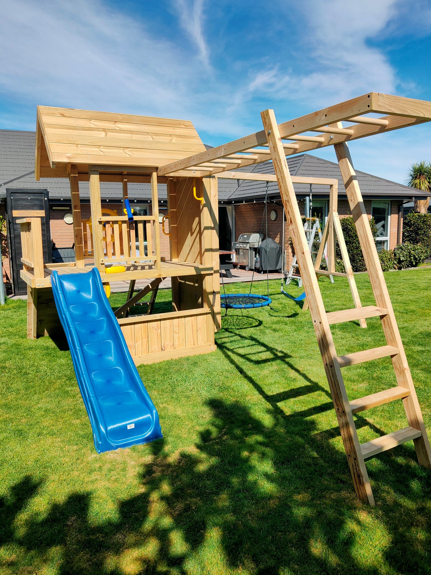 1.2mx2.1m Playground Tower (#9)-Balcony version with monkey bars, wave slide, swings and rock walls