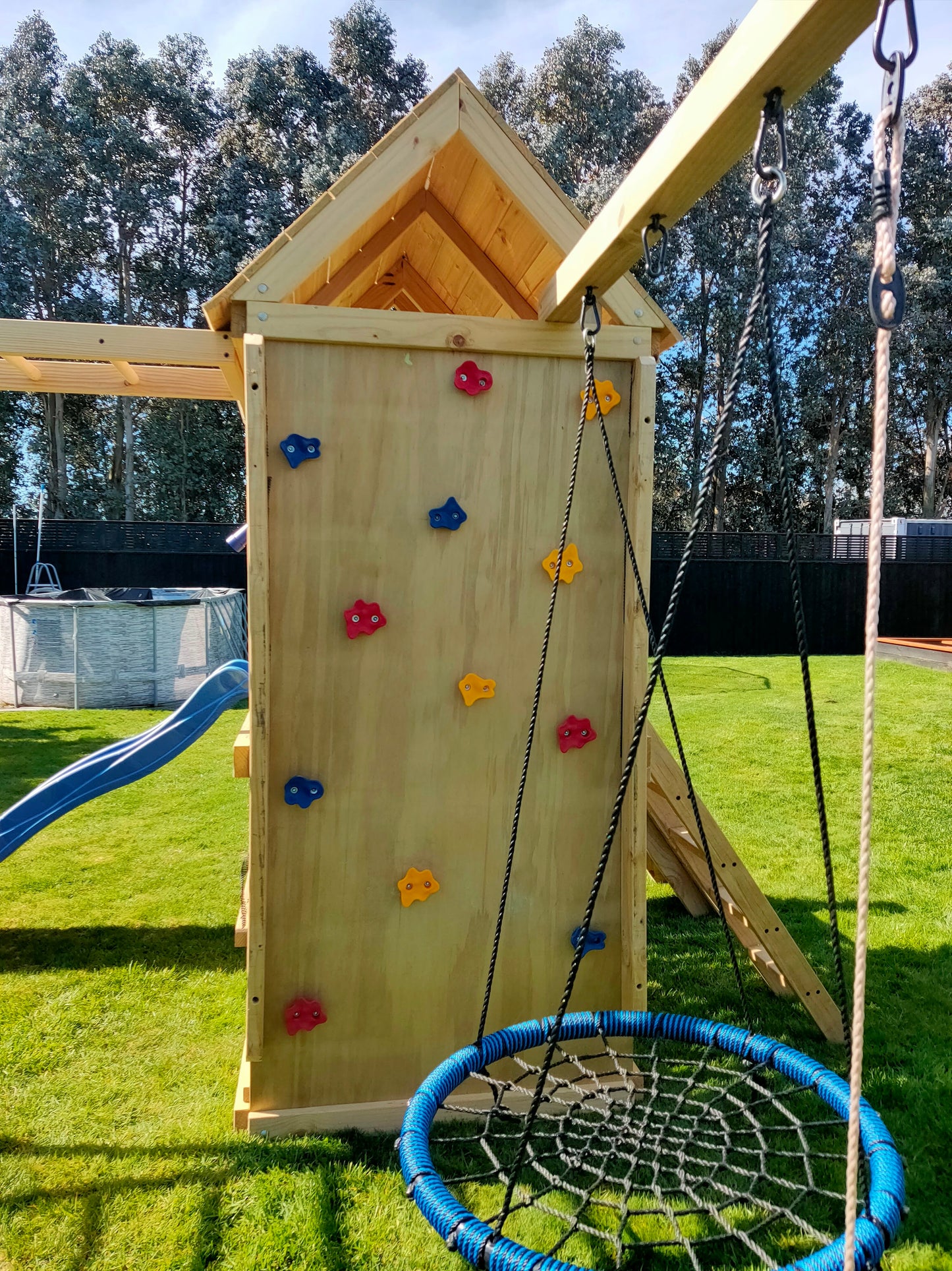 1.2mx2.1m Playground Tower (#9)-Balcony version with monkey bars, wave slide, swings and rock walls