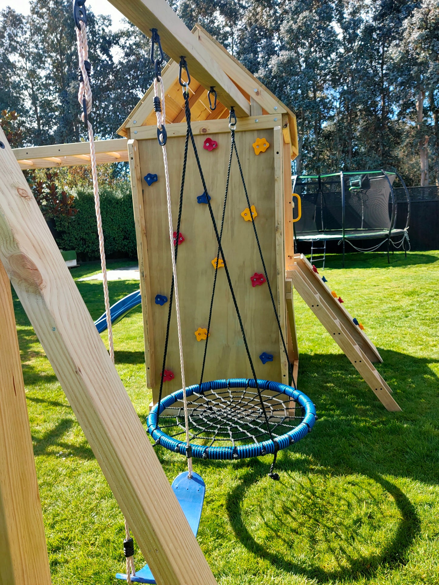 1.2mx2.1m Playground Tower (#9)-Balcony version with monkey bars, wave slide, swings and rock walls