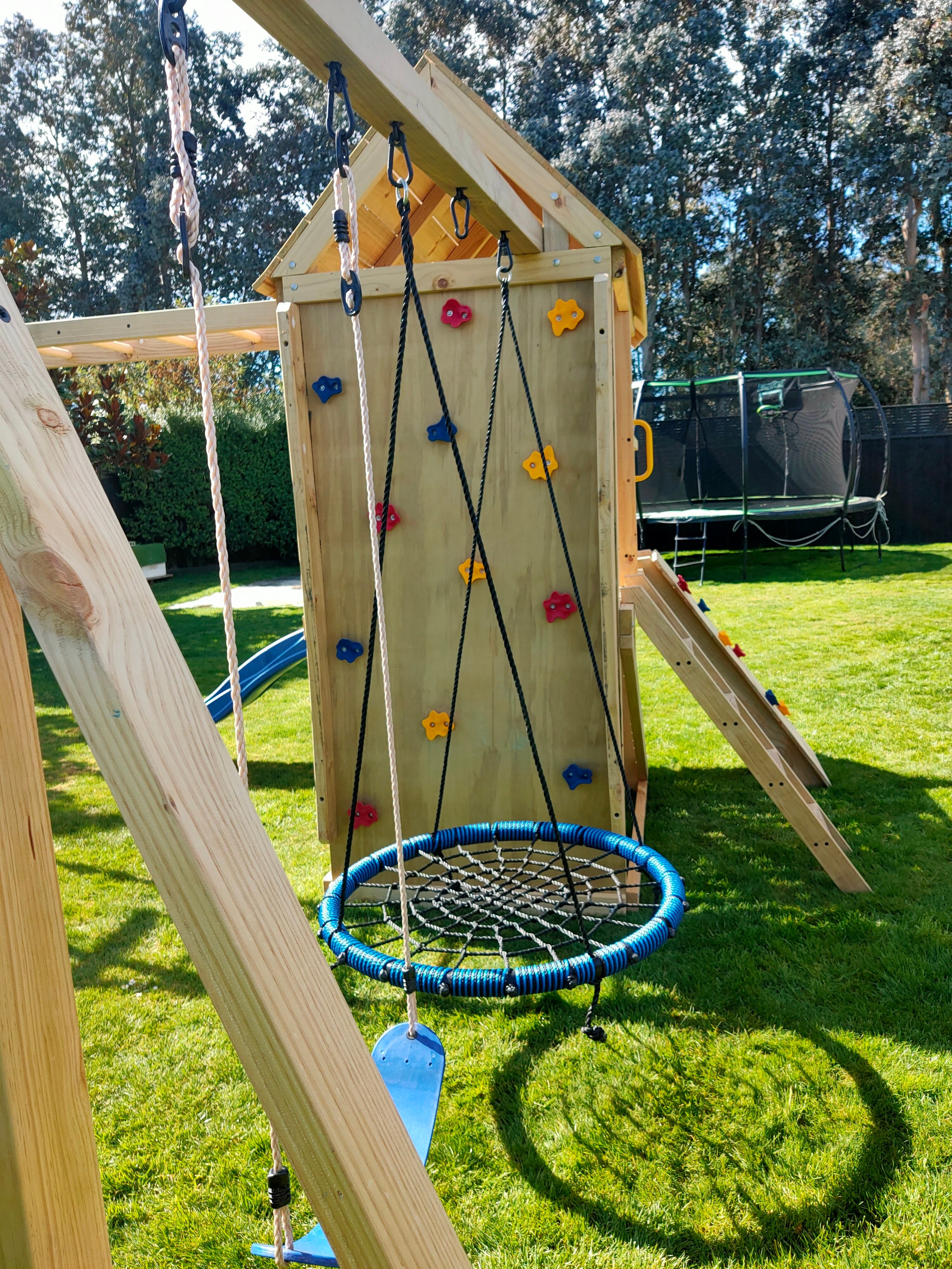 Super Large 2.1mx1.2m Balcony Tower Ultimate (#2)- monkey bars, slide, net and flexi swing and 2x rock walls