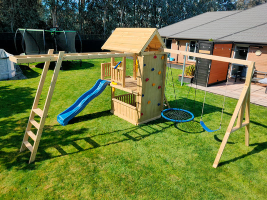 1.2mx2.1m Playground Tower (#9)-Balcony version with monkey bars, wave slide, swings and rock walls