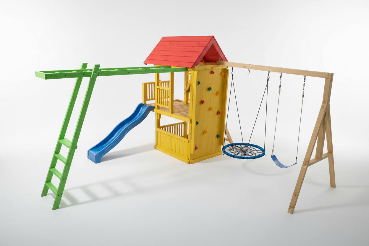 Super Large 2.1mx1.2m Balcony Tower Ultimate (#2)- monkey bars, slide, net and flexi swing and 2x rock walls