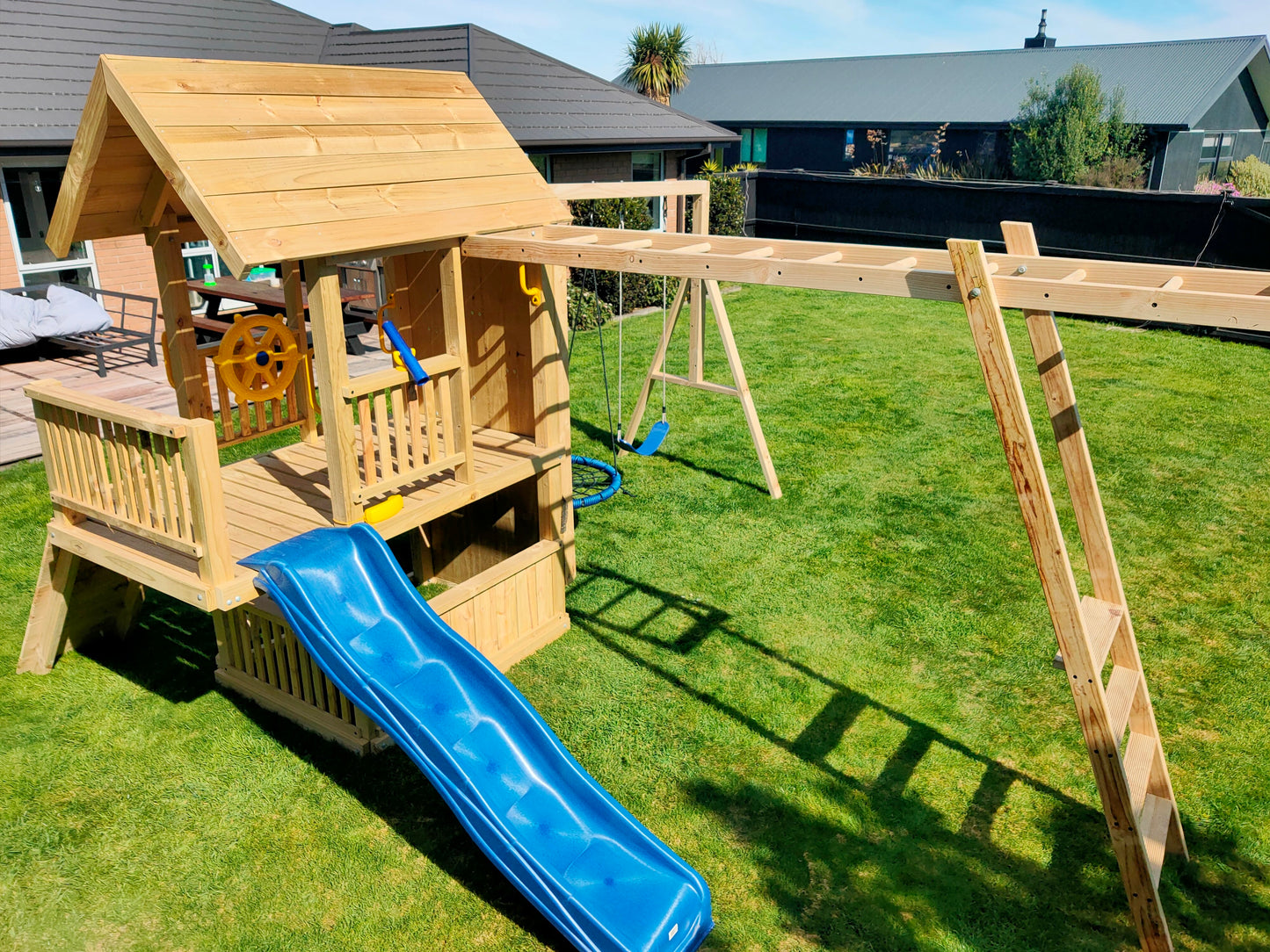 1.2mx2.1m Playground Tower (#9)-Balcony version with monkey bars, wave slide, swings and rock walls