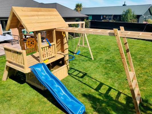1.2mx2.1m Playground Tower (#9)-Balcony version with monkey bars, wave slide, swings and rock walls