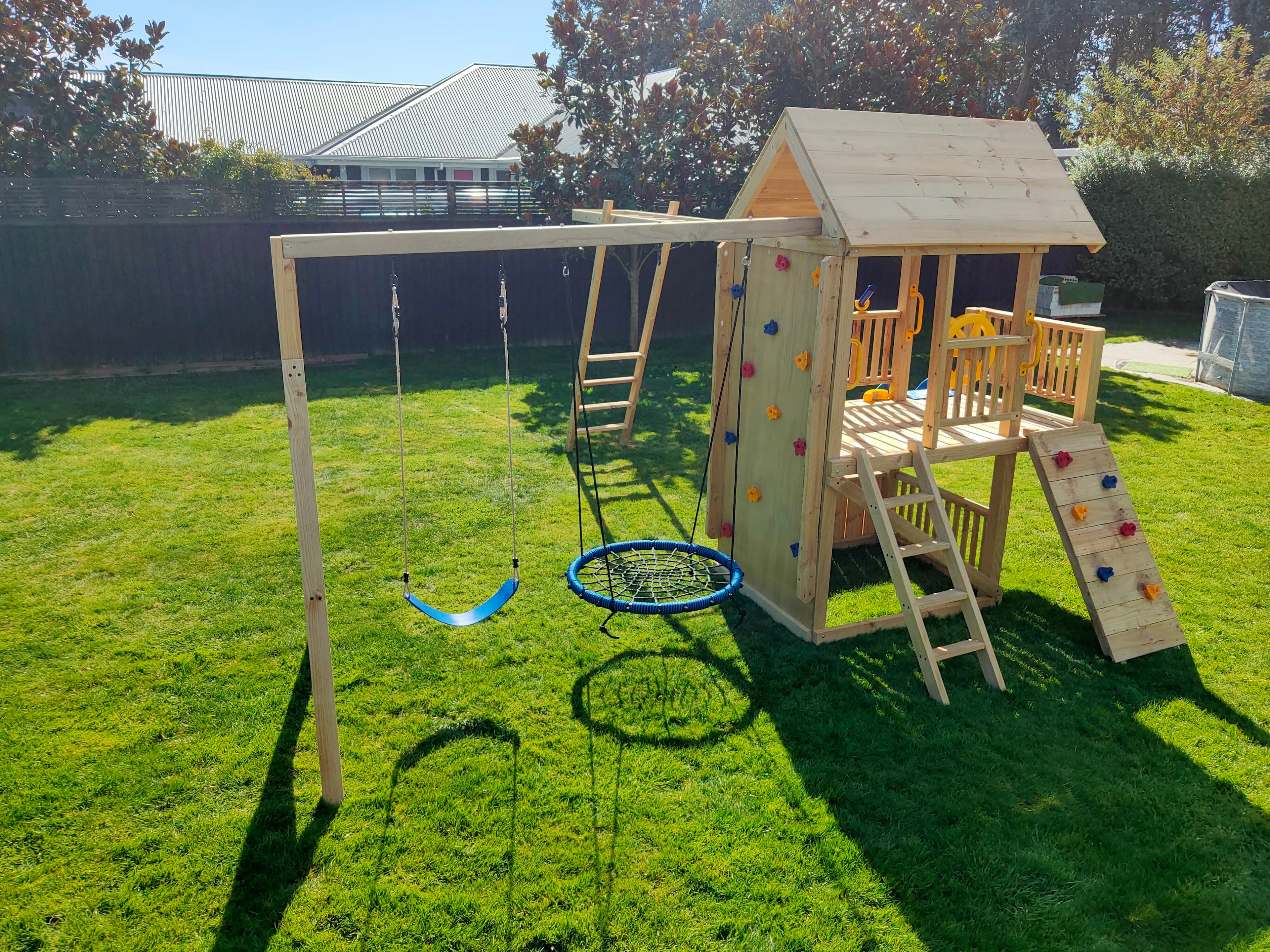 Super Large 2.1mx1.2m Balcony Tower Ultimate (#2)- monkey bars, slide, net and flexi swing and 2x rock walls