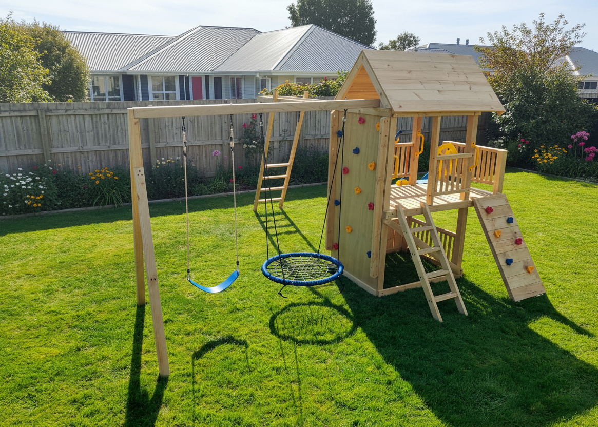Super Large 2.1mx1.2m Balcony Tower Ultimate (#2)- monkey bars, slide, net and flexi swing and 2x rock walls