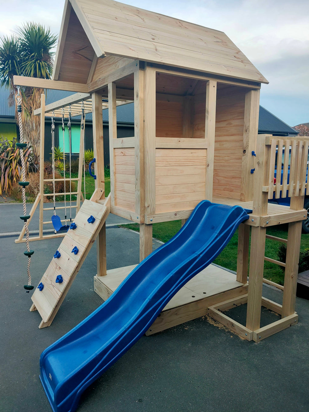 Medium 1.5mx1.2m Play Cubby Tower (#1)- Monkey bars swing beam, wave slide with platform, rock wall and sandpit with cover